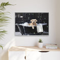 Load image into Gallery viewer, Custom Dog ArtDog Bath Time Framed Art, Pet Lovers Decor, Fun Home Wall Art, Dog Owner Gift, Bubble Bath Canvas, Pet Bathroom Art

