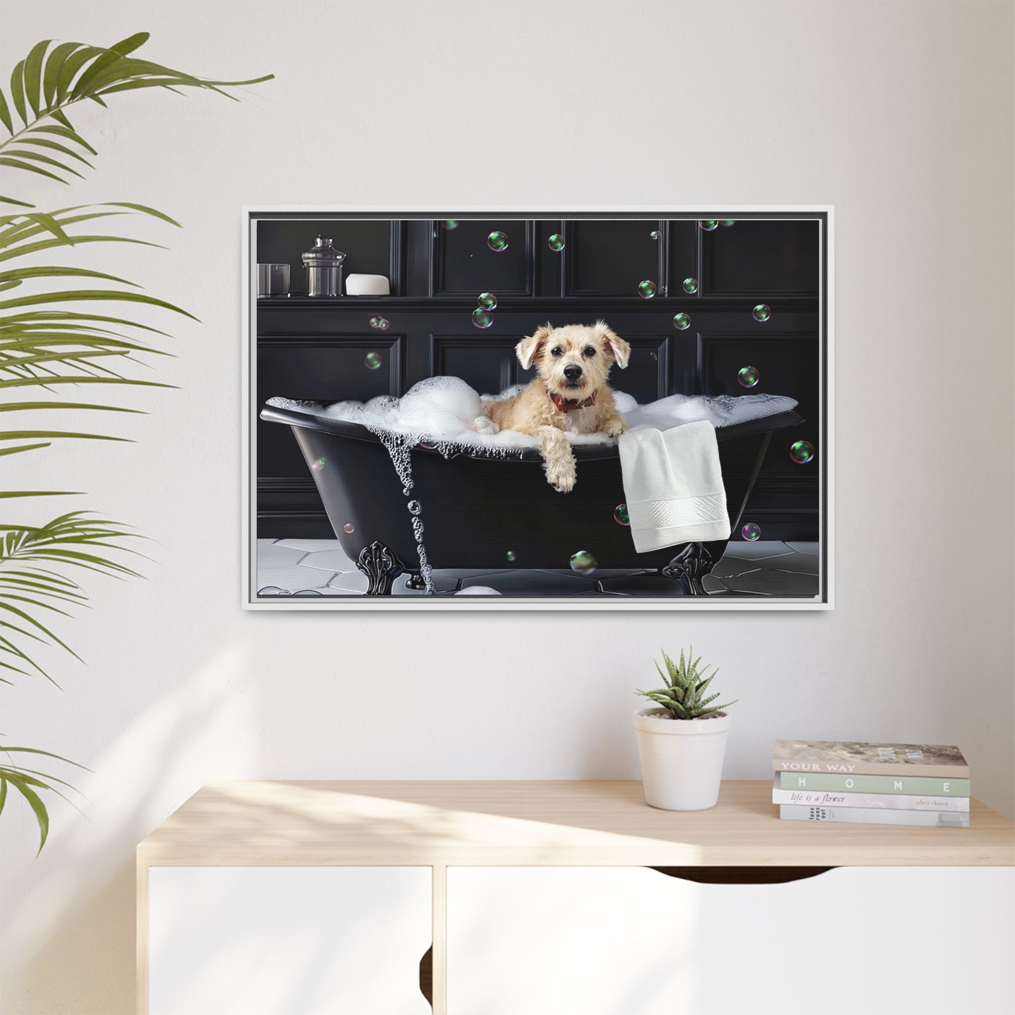 Custom Dog ArtDog Bath Time Framed Art, Pet Lovers Decor, Fun Home Wall Art, Dog Owner Gift, Bubble Bath Canvas, Pet Bathroom Art