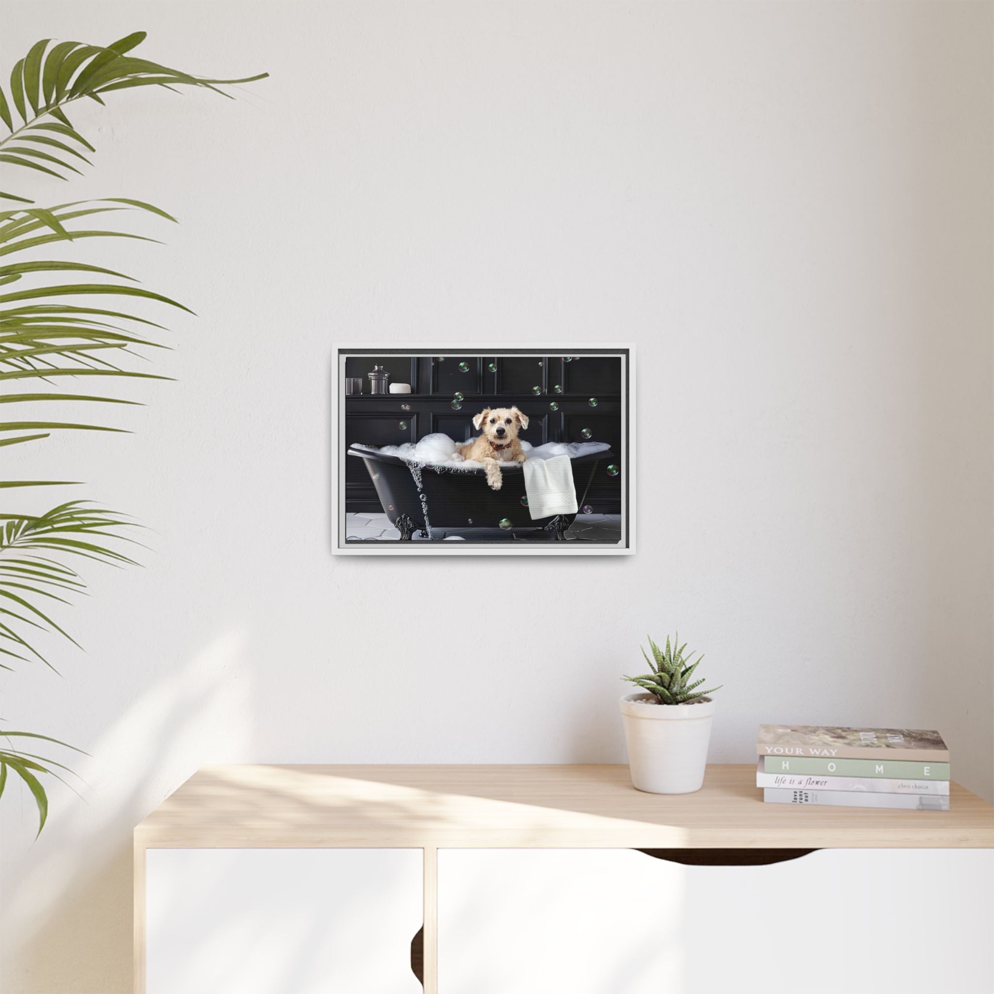 Custom Dog ArtDog Bath Time Framed Art, Pet Lovers Decor, Fun Home Wall Art, Dog Owner Gift, Bubble Bath Canvas, Pet Bathroom Art