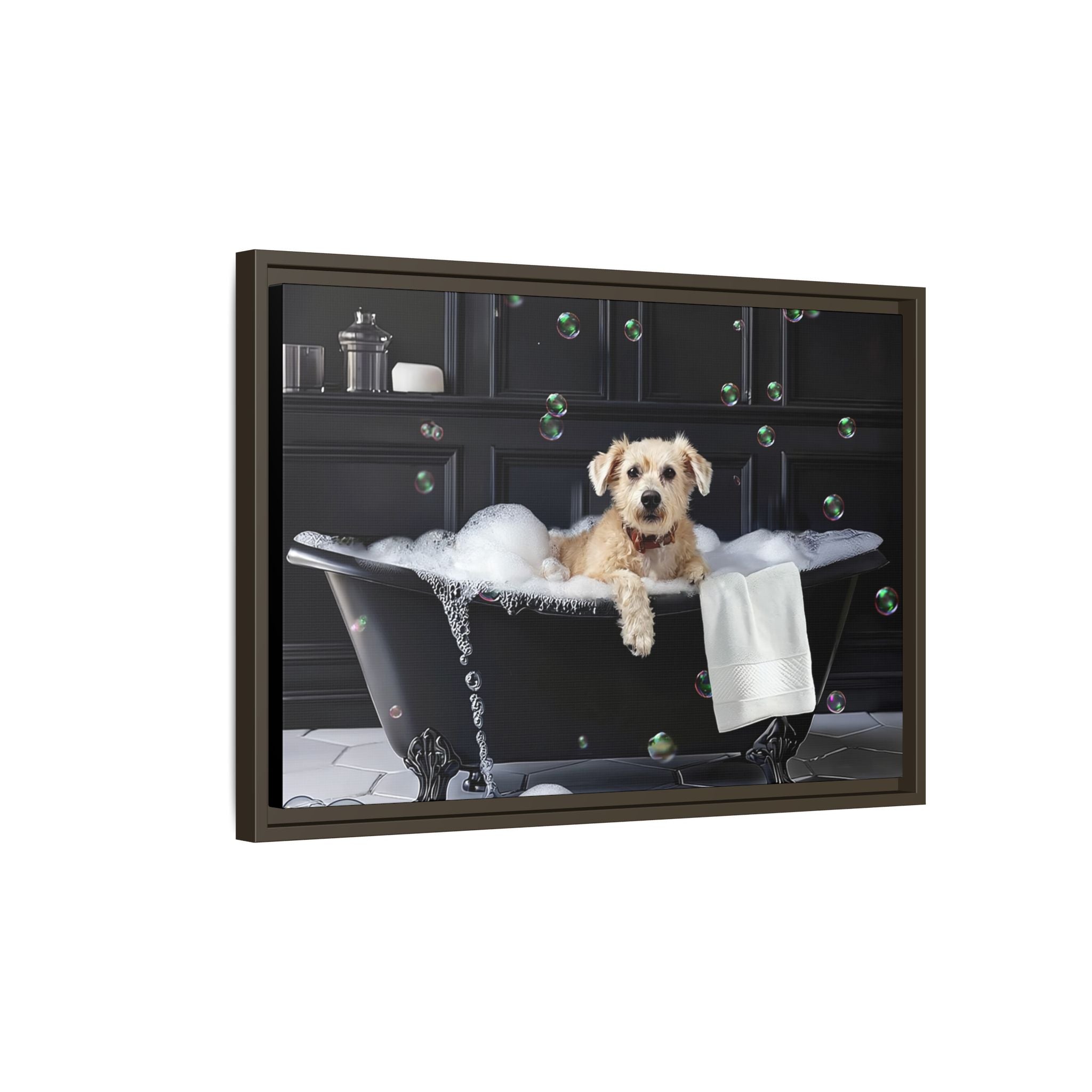 Custom Dog ArtDog Bath Time Framed Art, Pet Lovers Decor, Fun Home Wall Art, Dog Owner Gift, Bubble Bath Canvas, Pet Bathroom Art