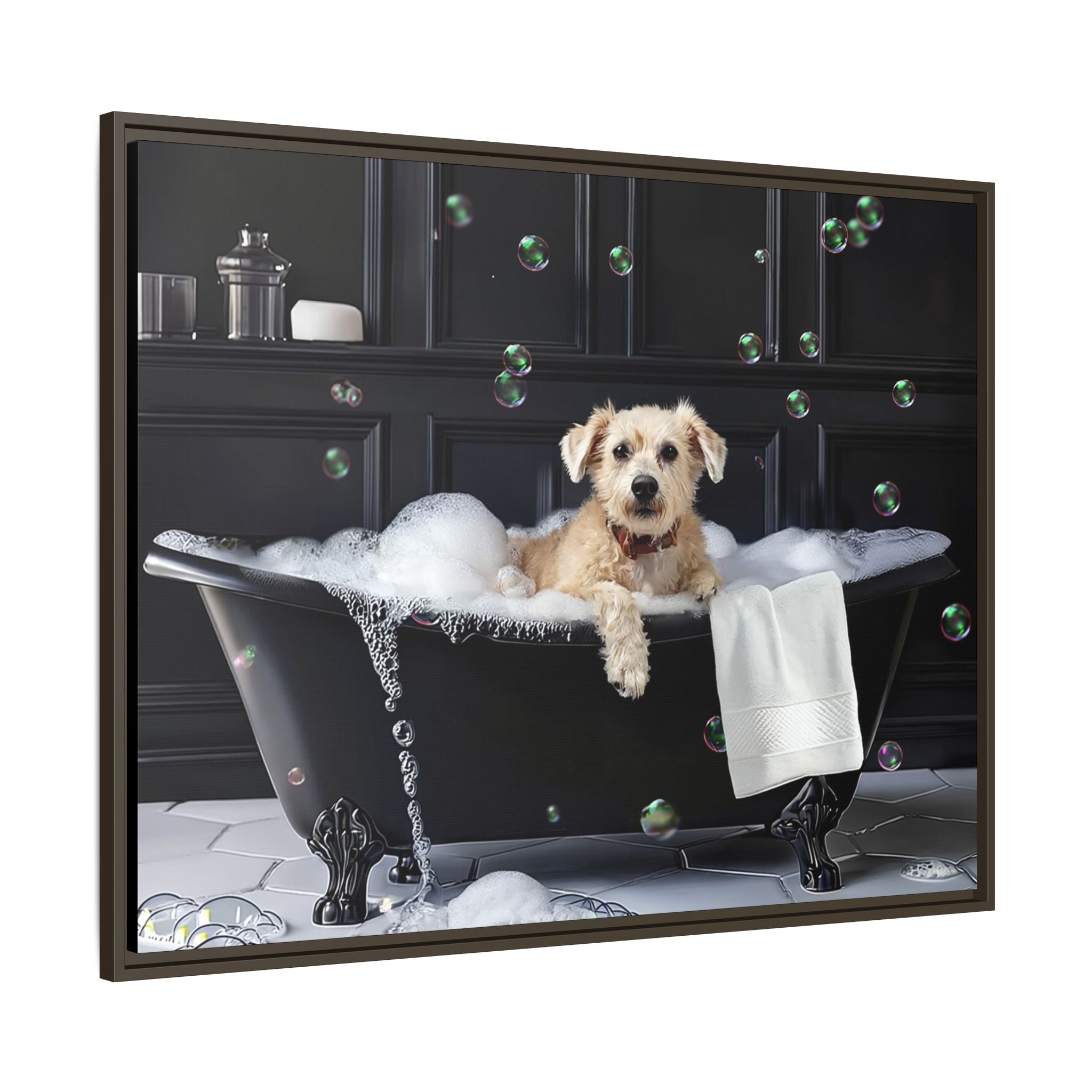 Custom Dog ArtDog Bath Time Framed Art, Pet Lovers Decor, Fun Home Wall Art, Dog Owner Gift, Bubble Bath Canvas, Pet Bathroom Art