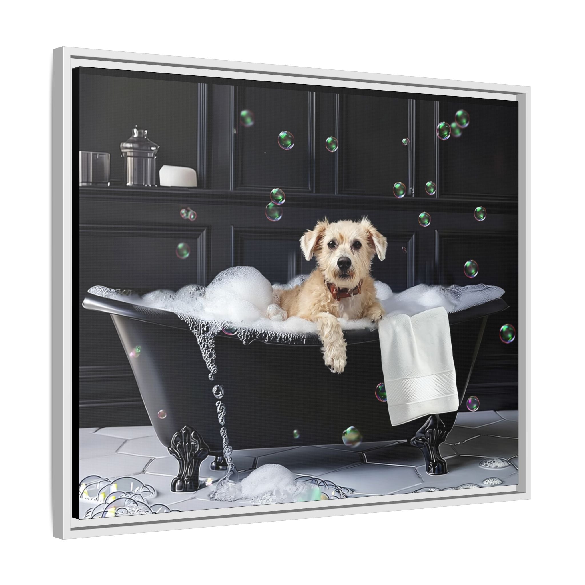 Custom Dog ArtDog Bath Time Framed Art, Pet Lovers Decor, Fun Home Wall Art, Dog Owner Gift, Bubble Bath Canvas, Pet Bathroom Art