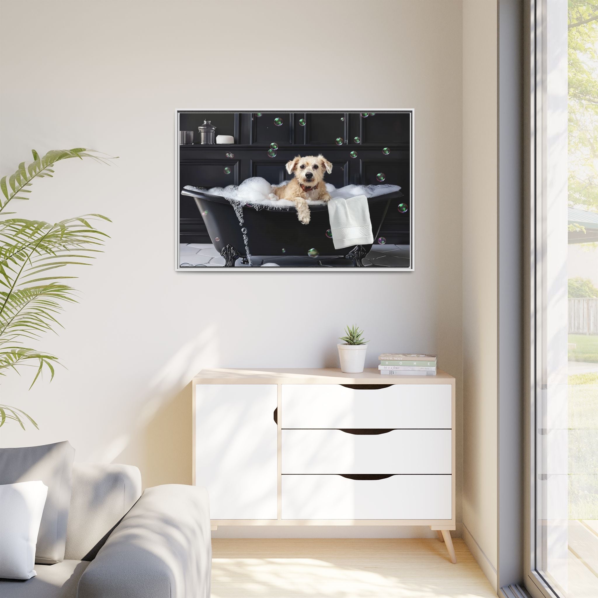 Custom Dog ArtDog Bath Time Framed Art, Pet Lovers Decor, Fun Home Wall Art, Dog Owner Gift, Bubble Bath Canvas, Pet Bathroom Art