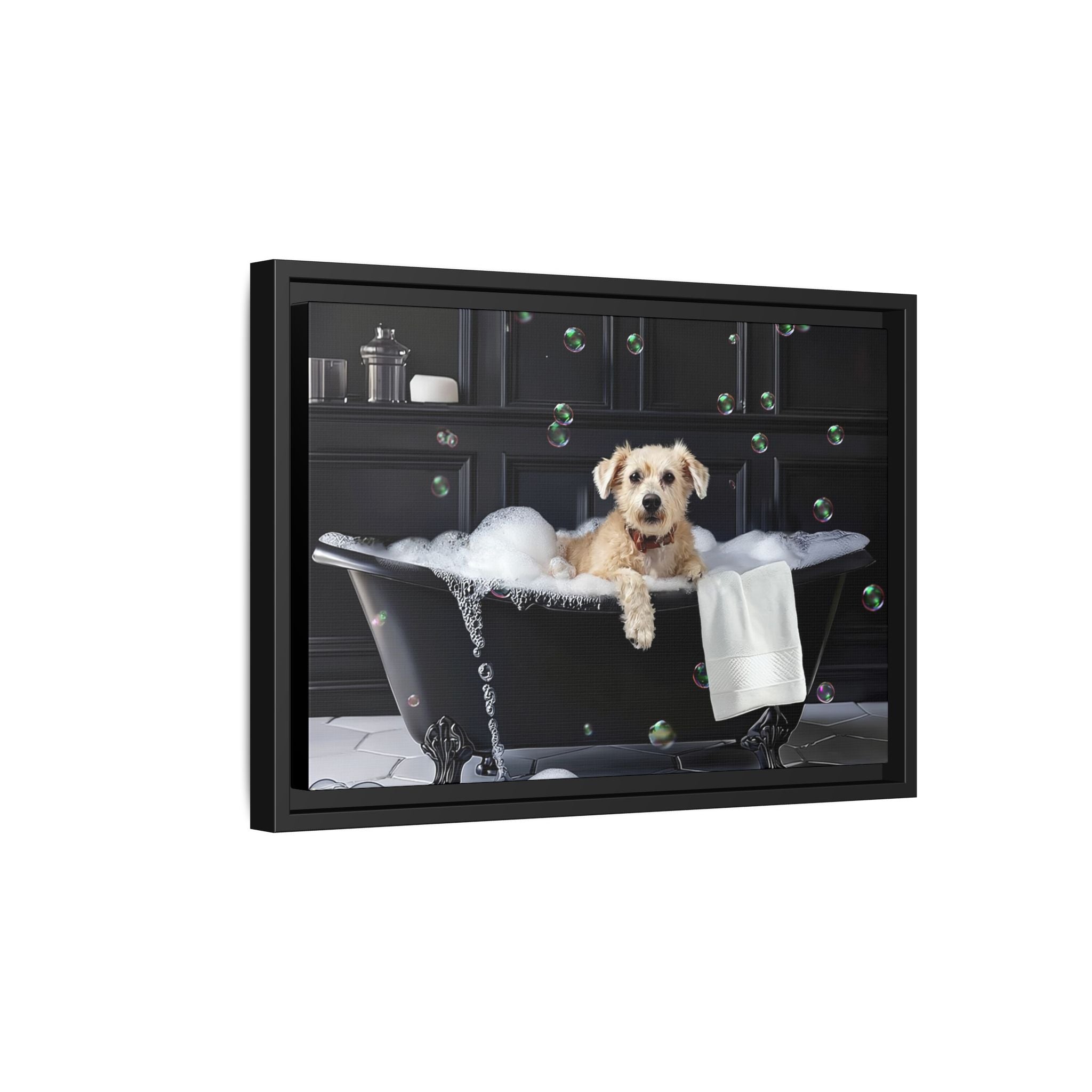 Custom Dog ArtDog Bath Time Framed Art, Pet Lovers Decor, Fun Home Wall Art, Dog Owner Gift, Bubble Bath Canvas, Pet Bathroom Art