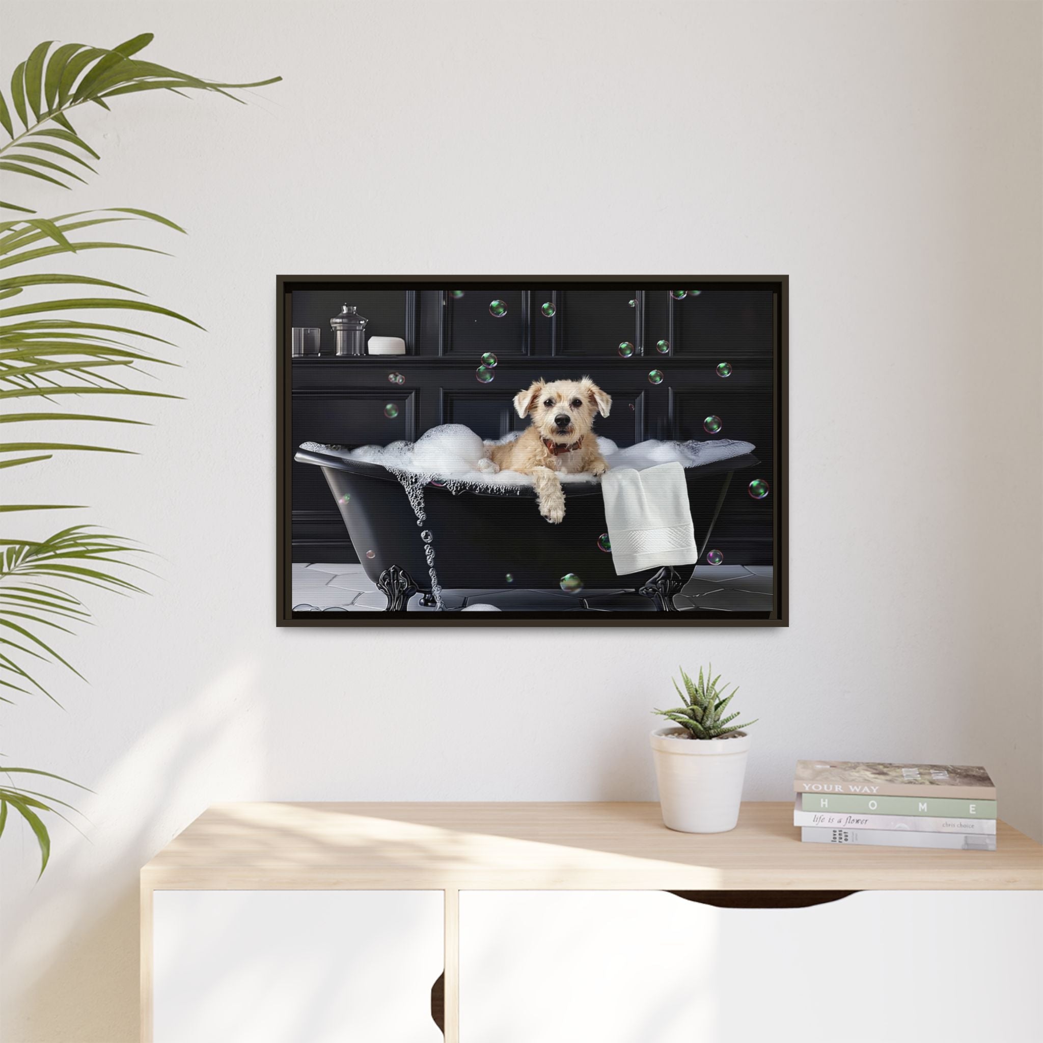 Custom Dog ArtDog Bath Time Framed Art, Pet Lovers Decor, Fun Home Wall Art, Dog Owner Gift, Bubble Bath Canvas, Pet Bathroom Art
