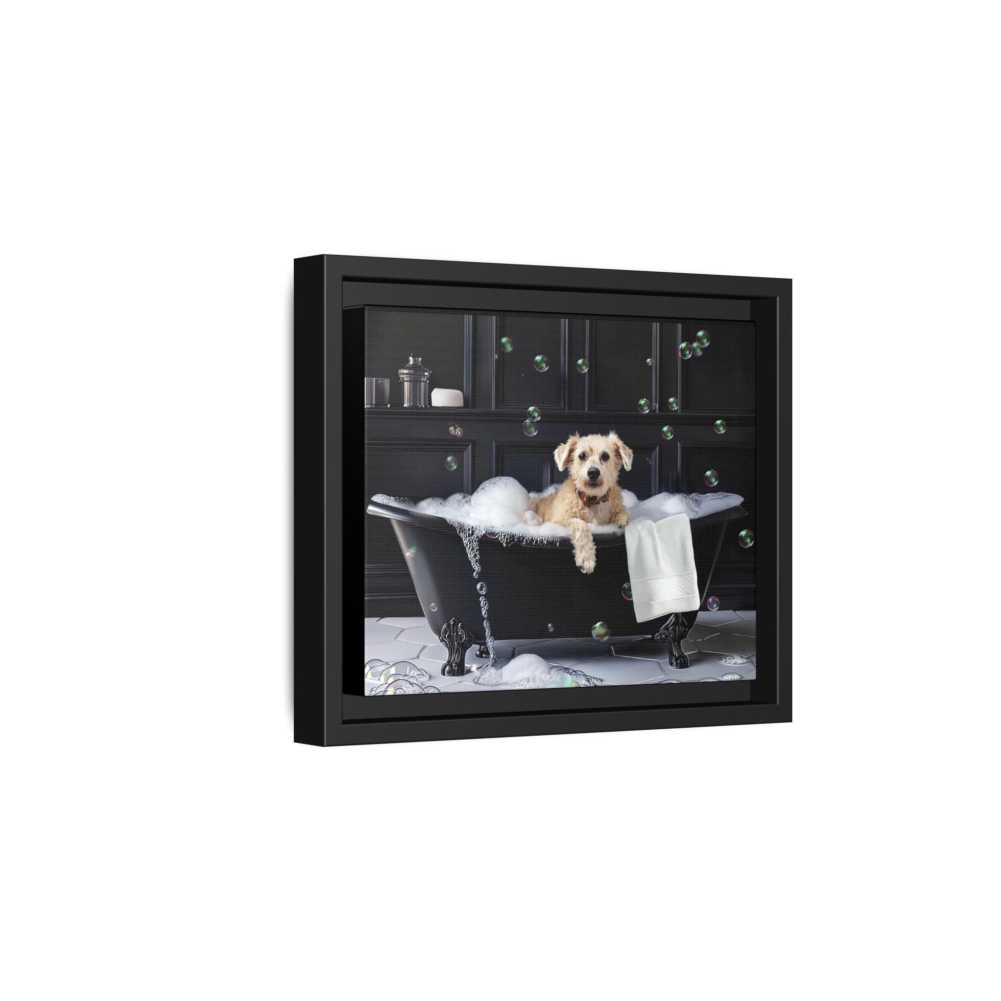 Custom Dog ArtDog Bath Time Framed Art, Pet Lovers Decor, Fun Home Wall Art, Dog Owner Gift, Bubble Bath Canvas, Pet Bathroom Art