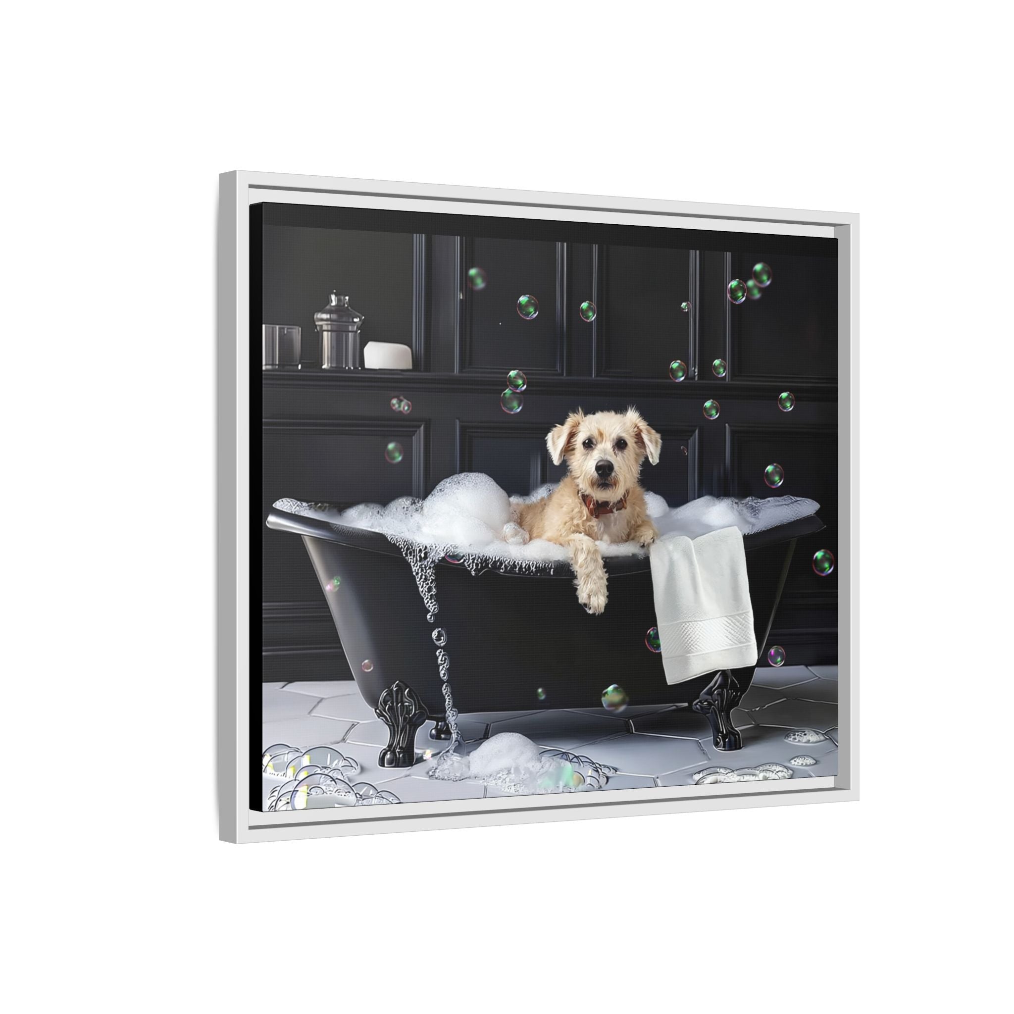 Custom Dog ArtDog Bath Time Framed Art, Pet Lovers Decor, Fun Home Wall Art, Dog Owner Gift, Bubble Bath Canvas, Pet Bathroom Art