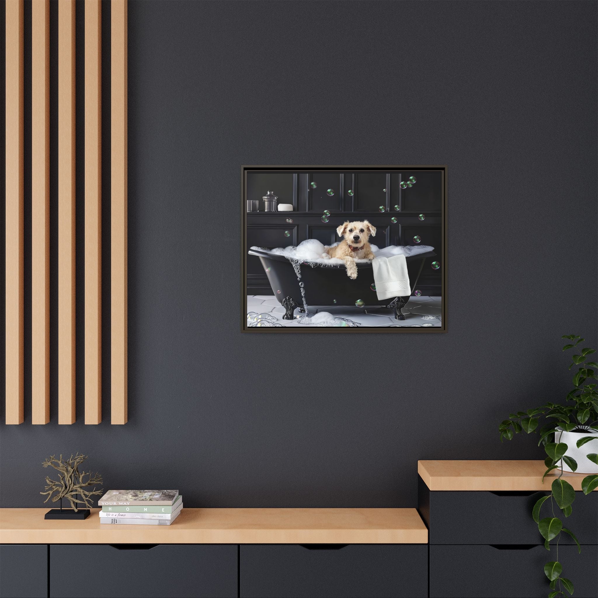 Custom Dog ArtDog Bath Time Framed Art, Pet Lovers Decor, Fun Home Wall Art, Dog Owner Gift, Bubble Bath Canvas, Pet Bathroom Art