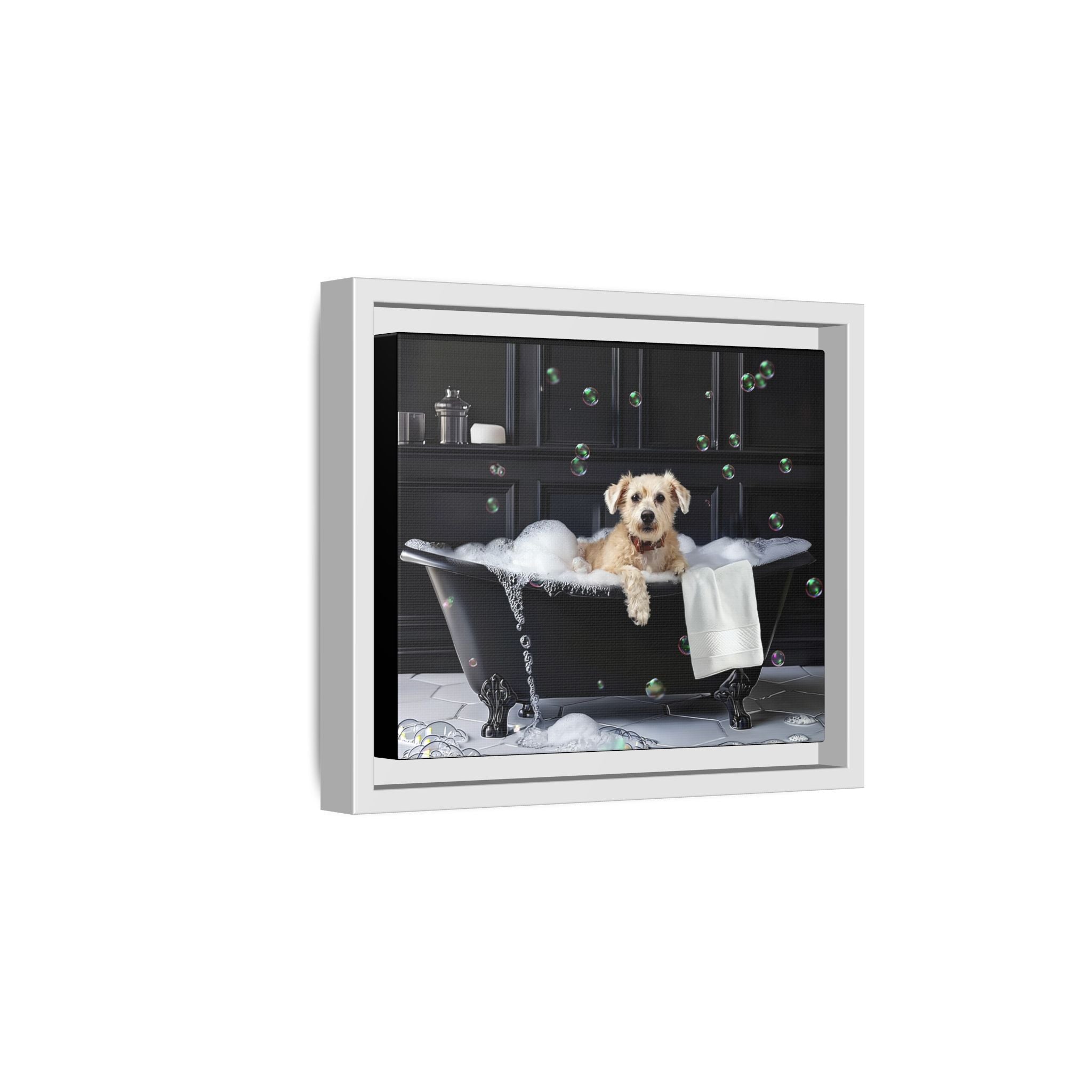 Custom Dog ArtDog Bath Time Framed Art, Pet Lovers Decor, Fun Home Wall Art, Dog Owner Gift, Bubble Bath Canvas, Pet Bathroom Art