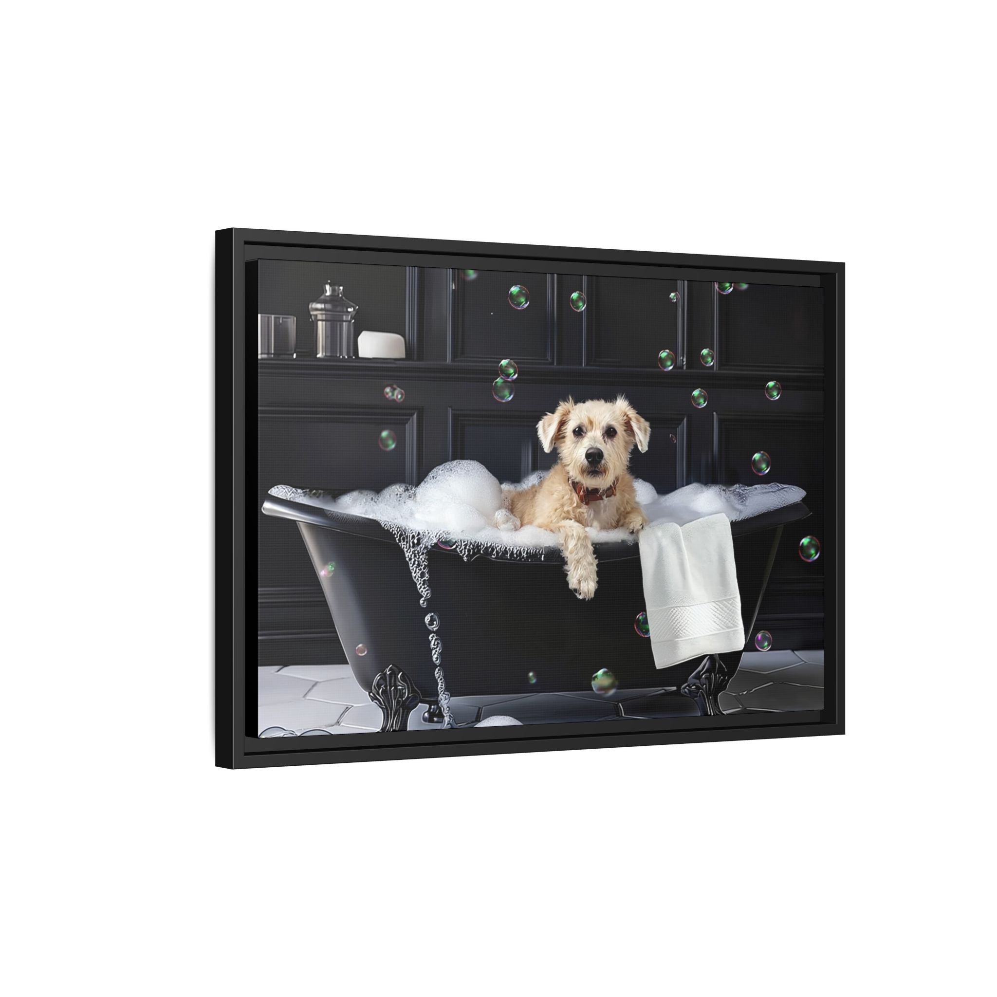 Custom Dog ArtDog Bath Time Framed Art, Pet Lovers Decor, Fun Home Wall Art, Dog Owner Gift, Bubble Bath Canvas, Pet Bathroom Art