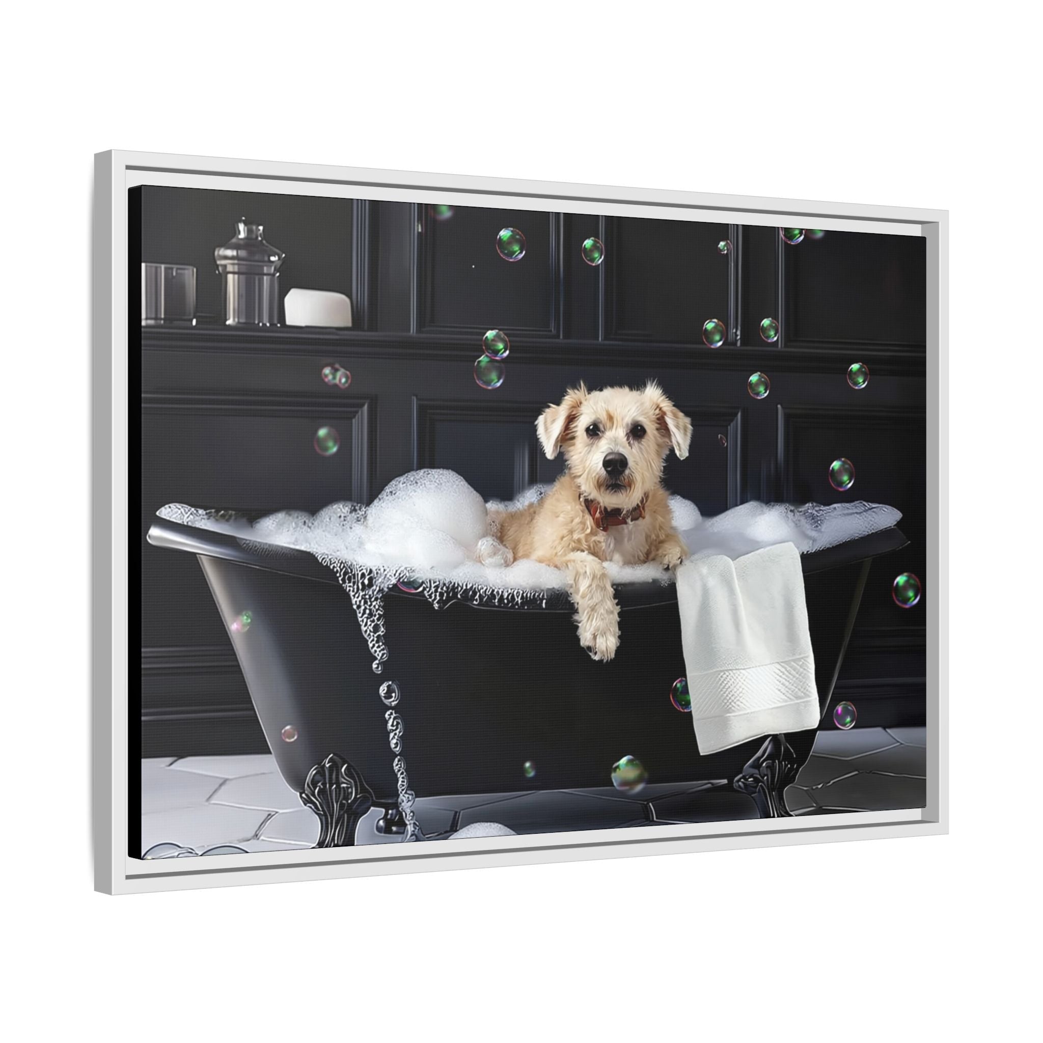 Custom Dog ArtDog Bath Time Framed Art, Pet Lovers Decor, Fun Home Wall Art, Dog Owner Gift, Bubble Bath Canvas, Pet Bathroom Art