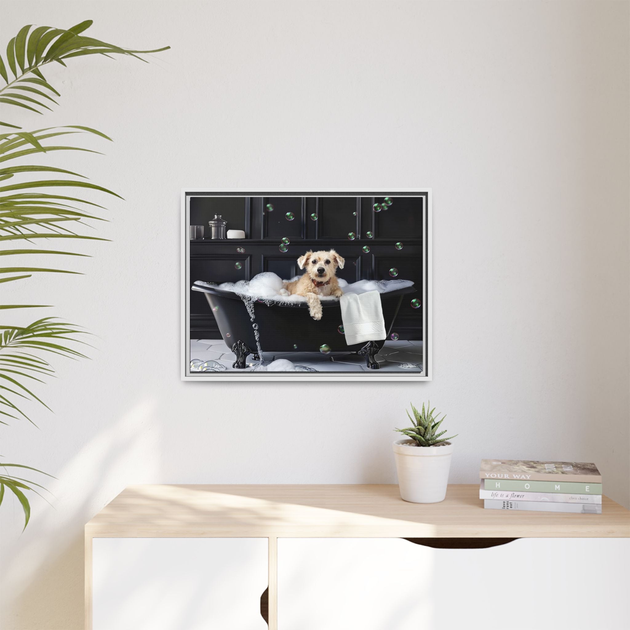 Custom Dog ArtDog Bath Time Framed Art, Pet Lovers Decor, Fun Home Wall Art, Dog Owner Gift, Bubble Bath Canvas, Pet Bathroom Art
