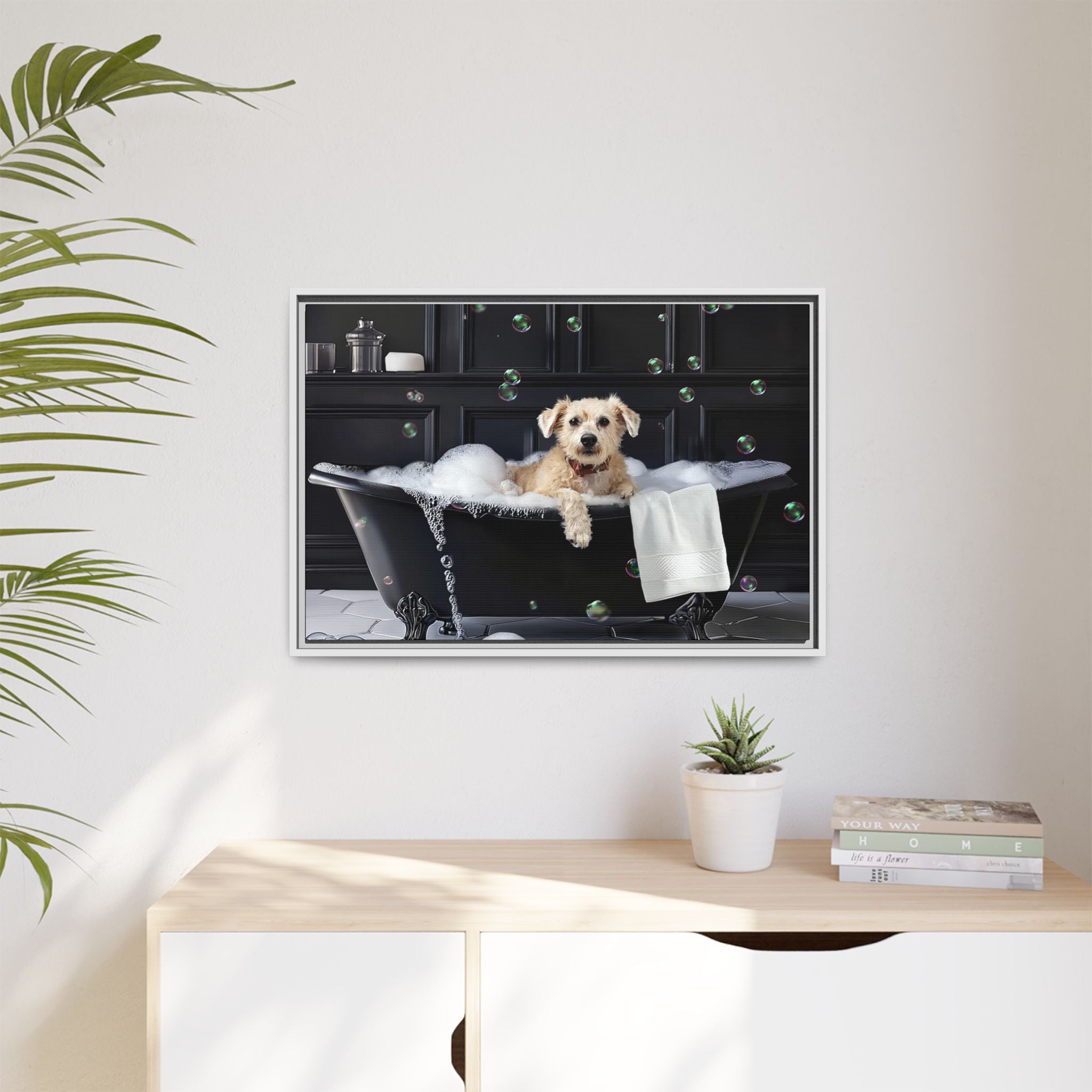 Custom Dog ArtDog Bath Time Framed Art, Pet Lovers Decor, Fun Home Wall Art, Dog Owner Gift, Bubble Bath Canvas, Pet Bathroom Art