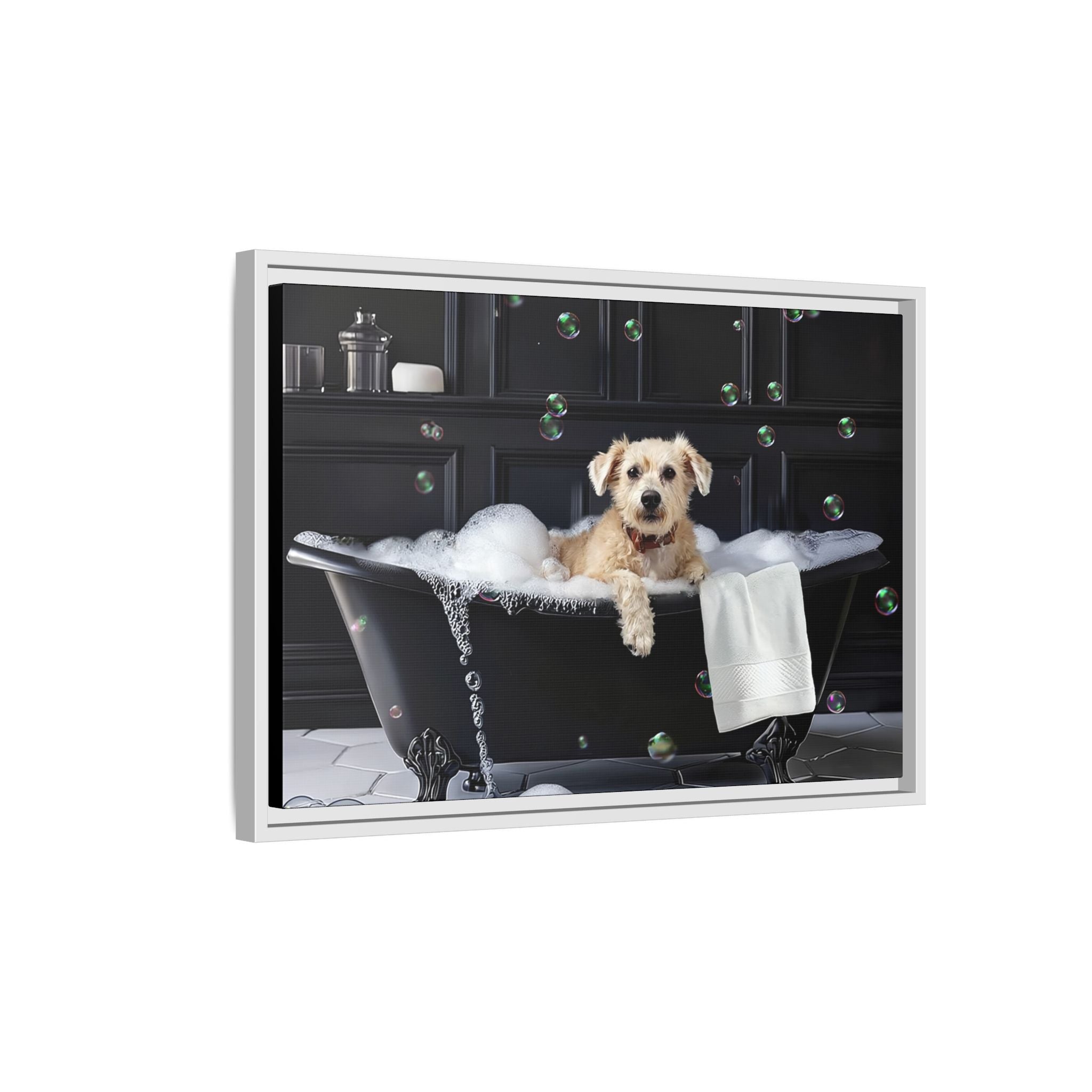 Custom Dog ArtDog Bath Time Framed Art, Pet Lovers Decor, Fun Home Wall Art, Dog Owner Gift, Bubble Bath Canvas, Pet Bathroom Art