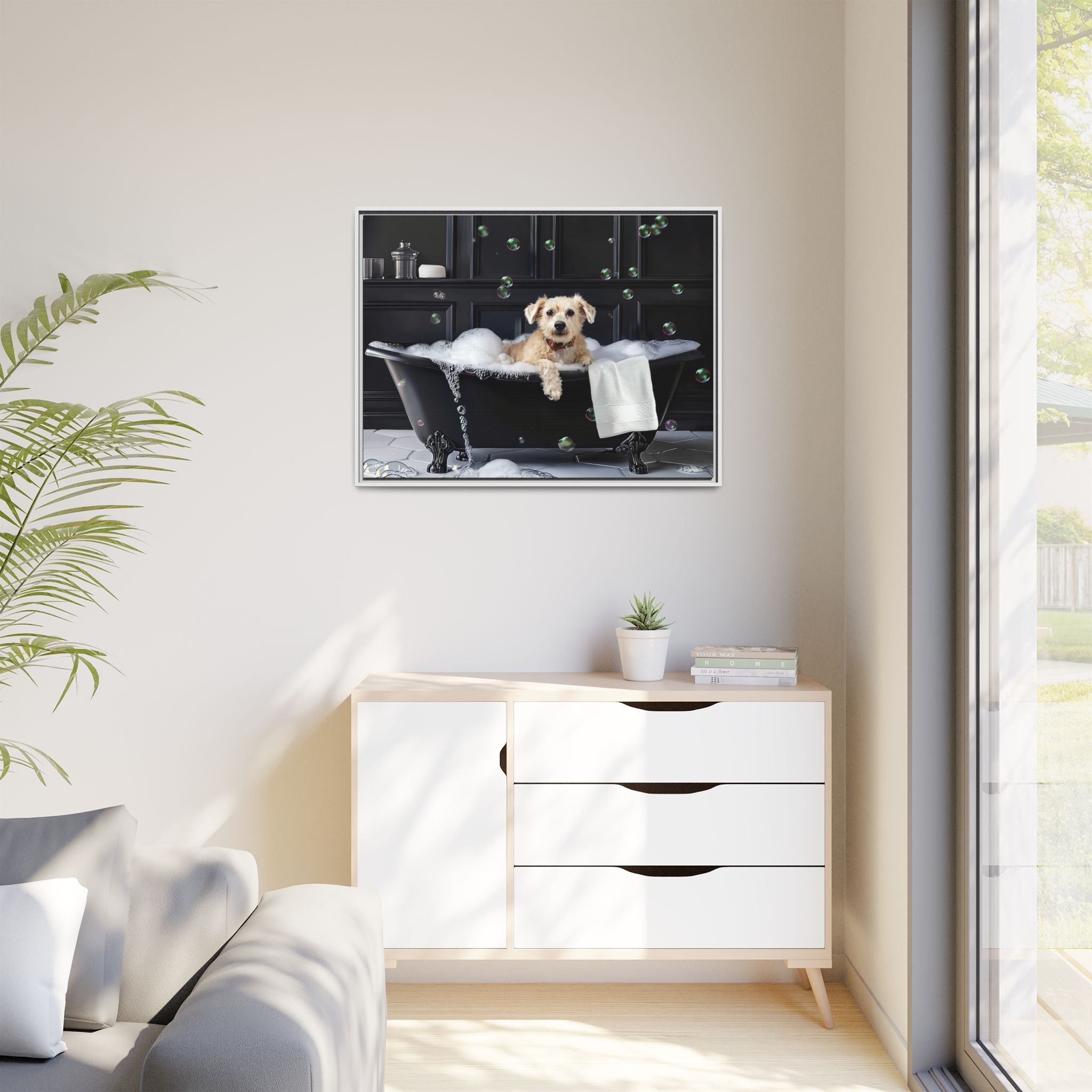 Custom Dog ArtDog Bath Time Framed Art, Pet Lovers Decor, Fun Home Wall Art, Dog Owner Gift, Bubble Bath Canvas, Pet Bathroom Art