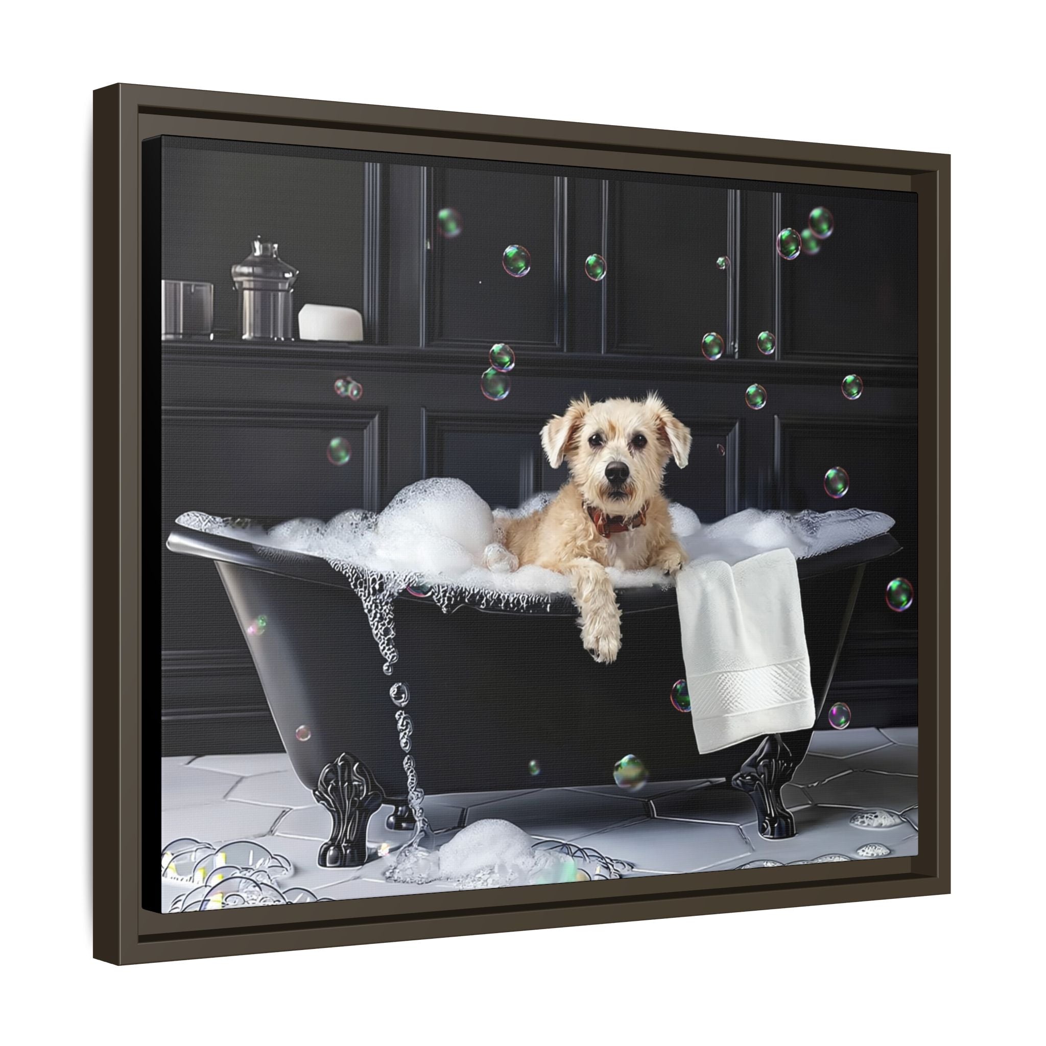 Custom Dog ArtDog Bath Time Framed Art, Pet Lovers Decor, Fun Home Wall Art, Dog Owner Gift, Bubble Bath Canvas, Pet Bathroom Art