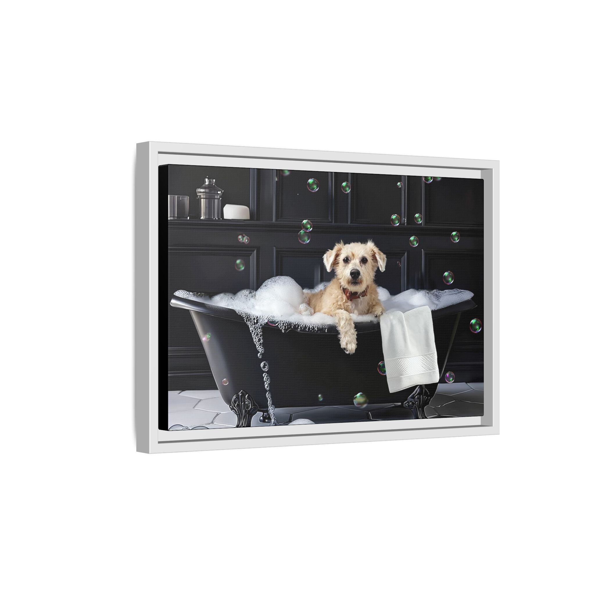 Custom Dog ArtDog Bath Time Framed Art, Pet Lovers Decor, Fun Home Wall Art, Dog Owner Gift, Bubble Bath Canvas, Pet Bathroom Art