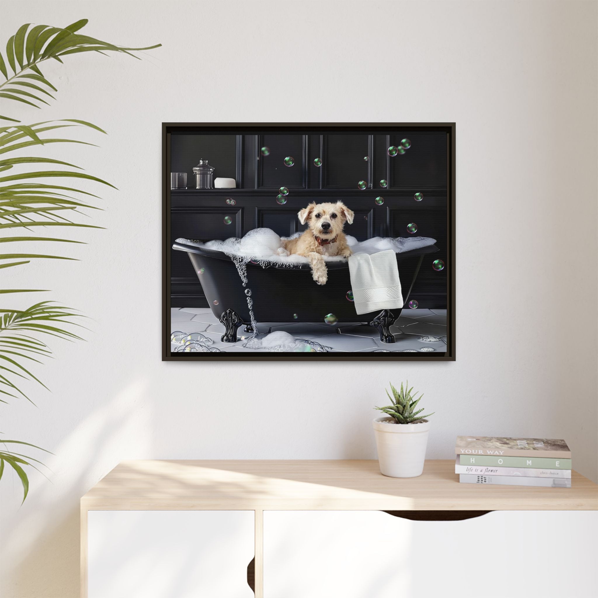 Custom Dog ArtDog Bath Time Framed Art, Pet Lovers Decor, Fun Home Wall Art, Dog Owner Gift, Bubble Bath Canvas, Pet Bathroom Art