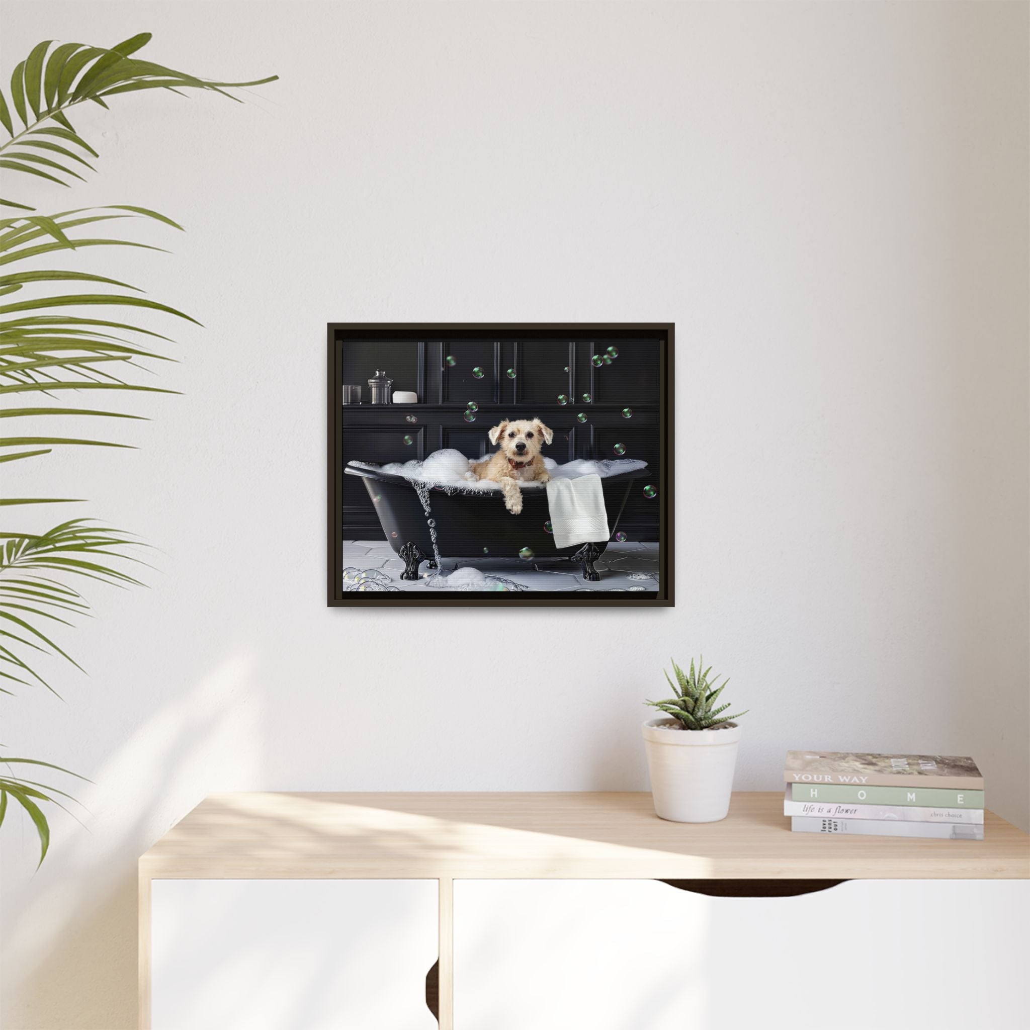 Custom Dog ArtDog Bath Time Framed Art, Pet Lovers Decor, Fun Home Wall Art, Dog Owner Gift, Bubble Bath Canvas, Pet Bathroom Art