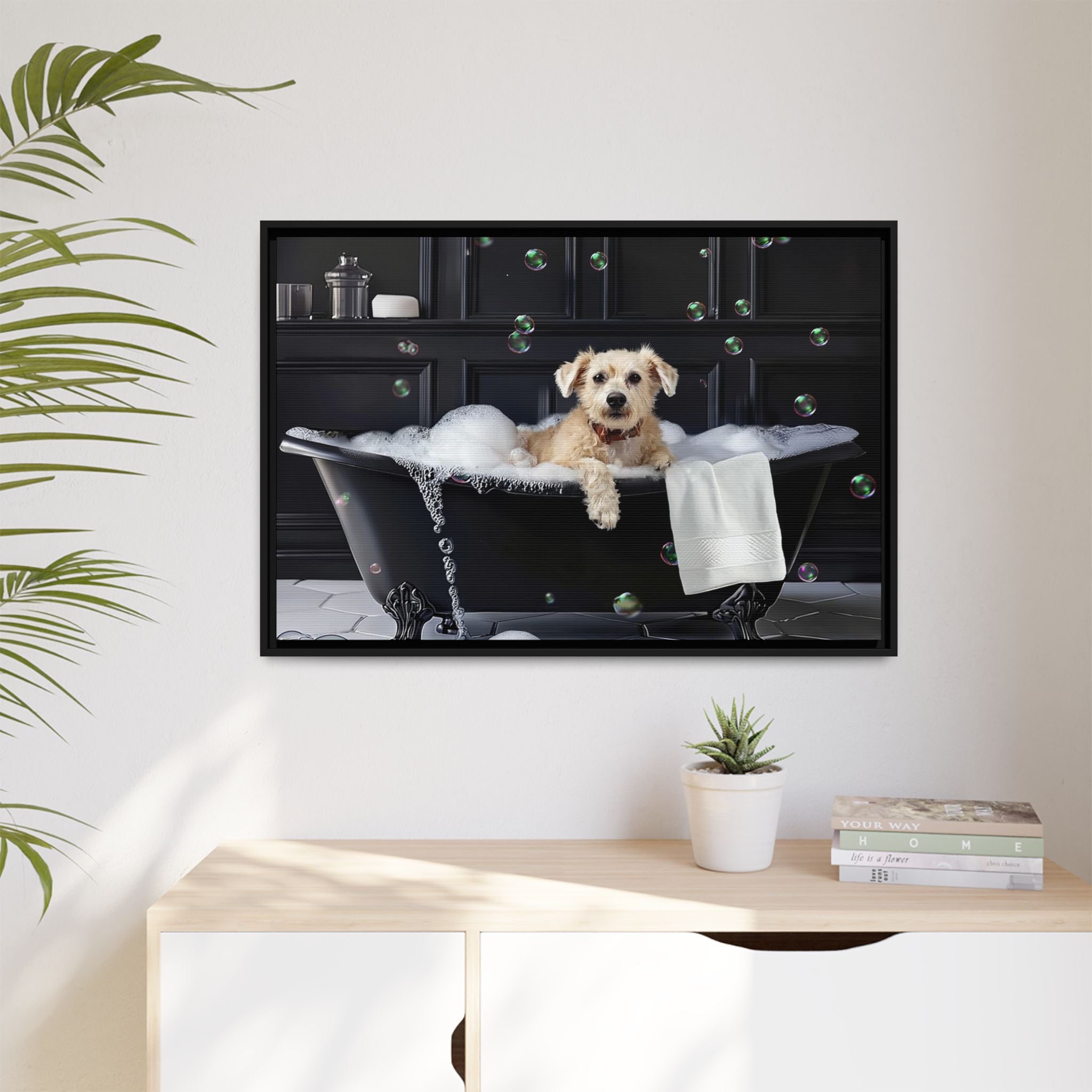 Custom Dog ArtDog Bath Time Framed Art, Pet Lovers Decor, Fun Home Wall Art, Dog Owner Gift, Bubble Bath Canvas, Pet Bathroom Art