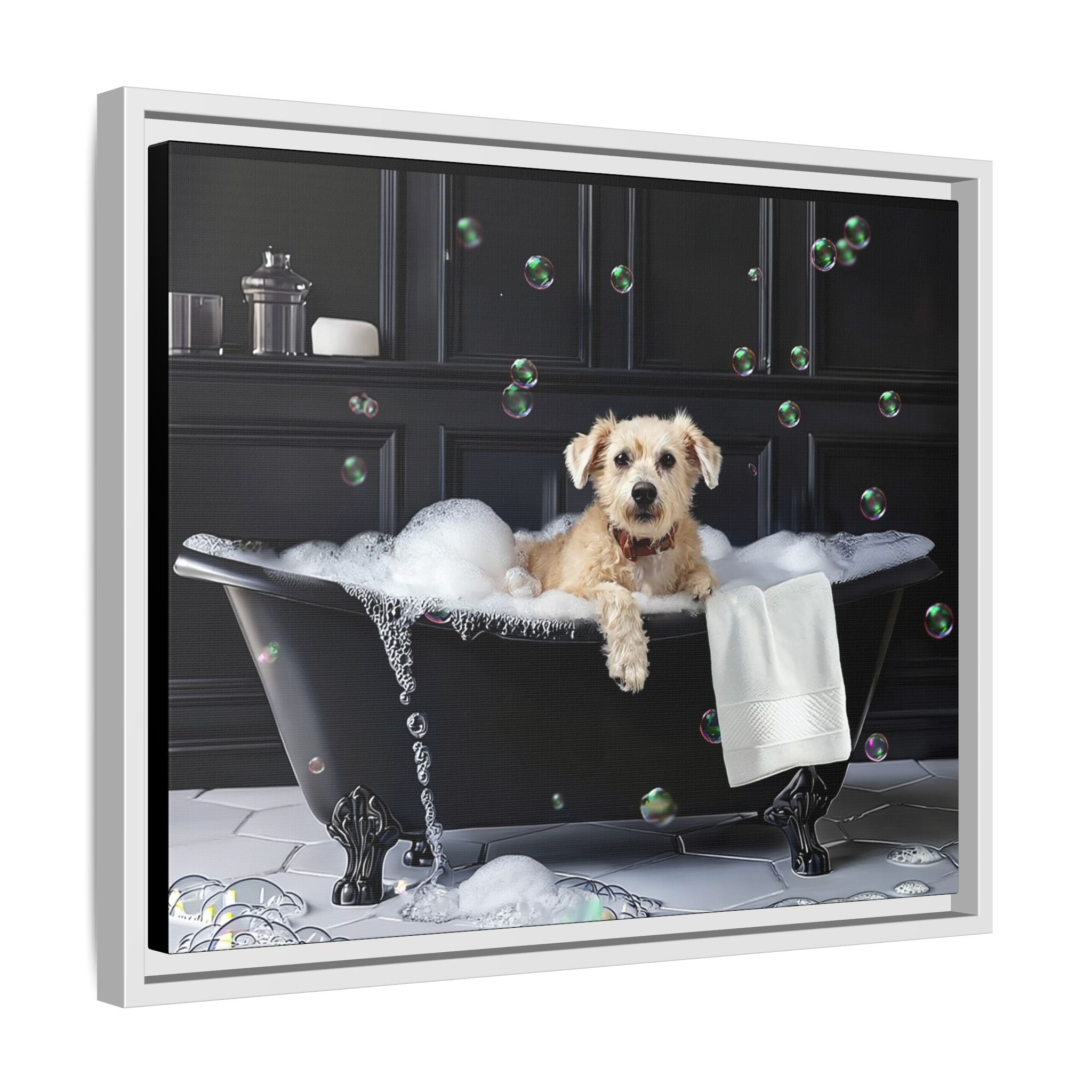 Custom Dog ArtDog Bath Time Framed Art, Pet Lovers Decor, Fun Home Wall Art, Dog Owner Gift, Bubble Bath Canvas, Pet Bathroom Art