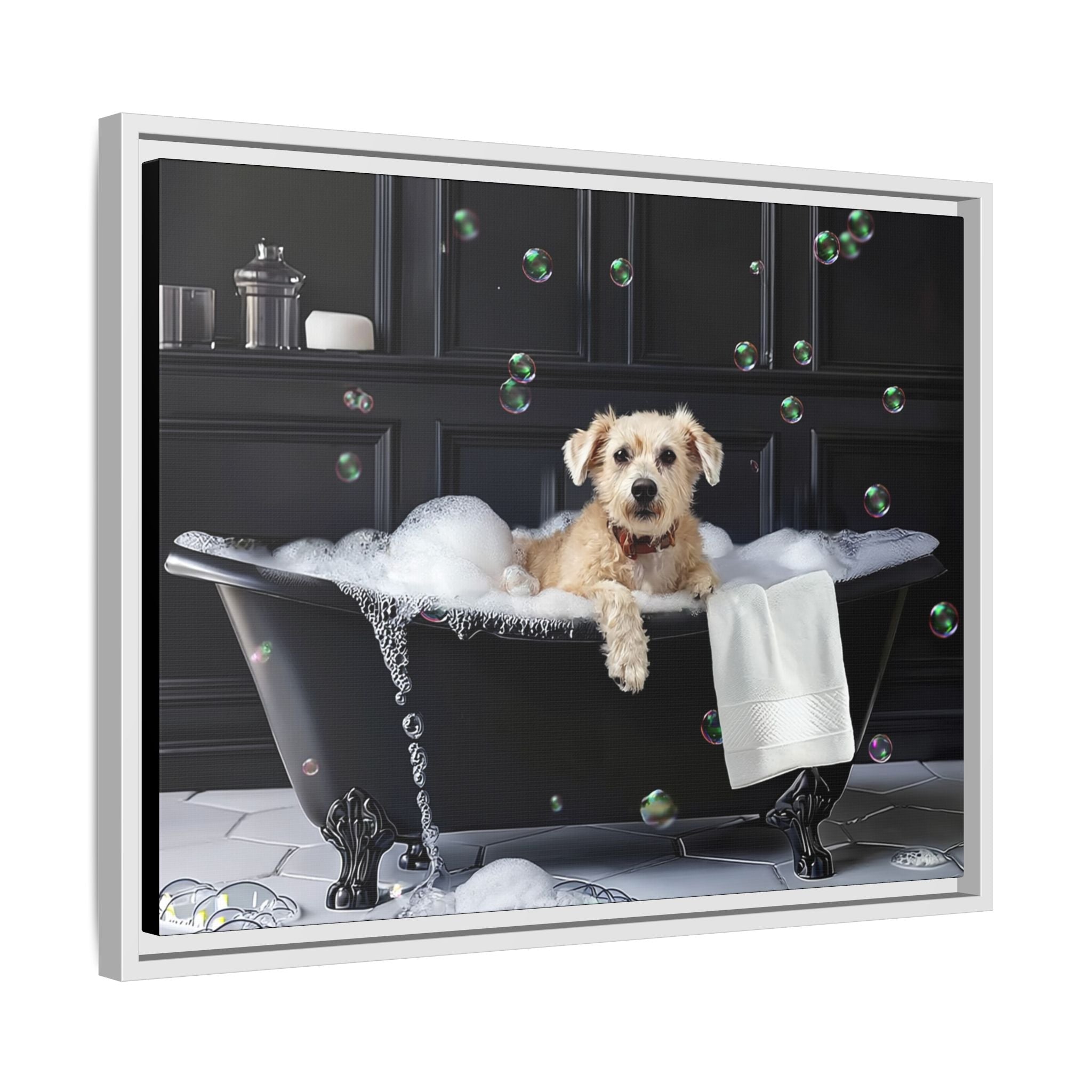 Custom Dog ArtDog Bath Time Framed Art, Pet Lovers Decor, Fun Home Wall Art, Dog Owner Gift, Bubble Bath Canvas, Pet Bathroom Art