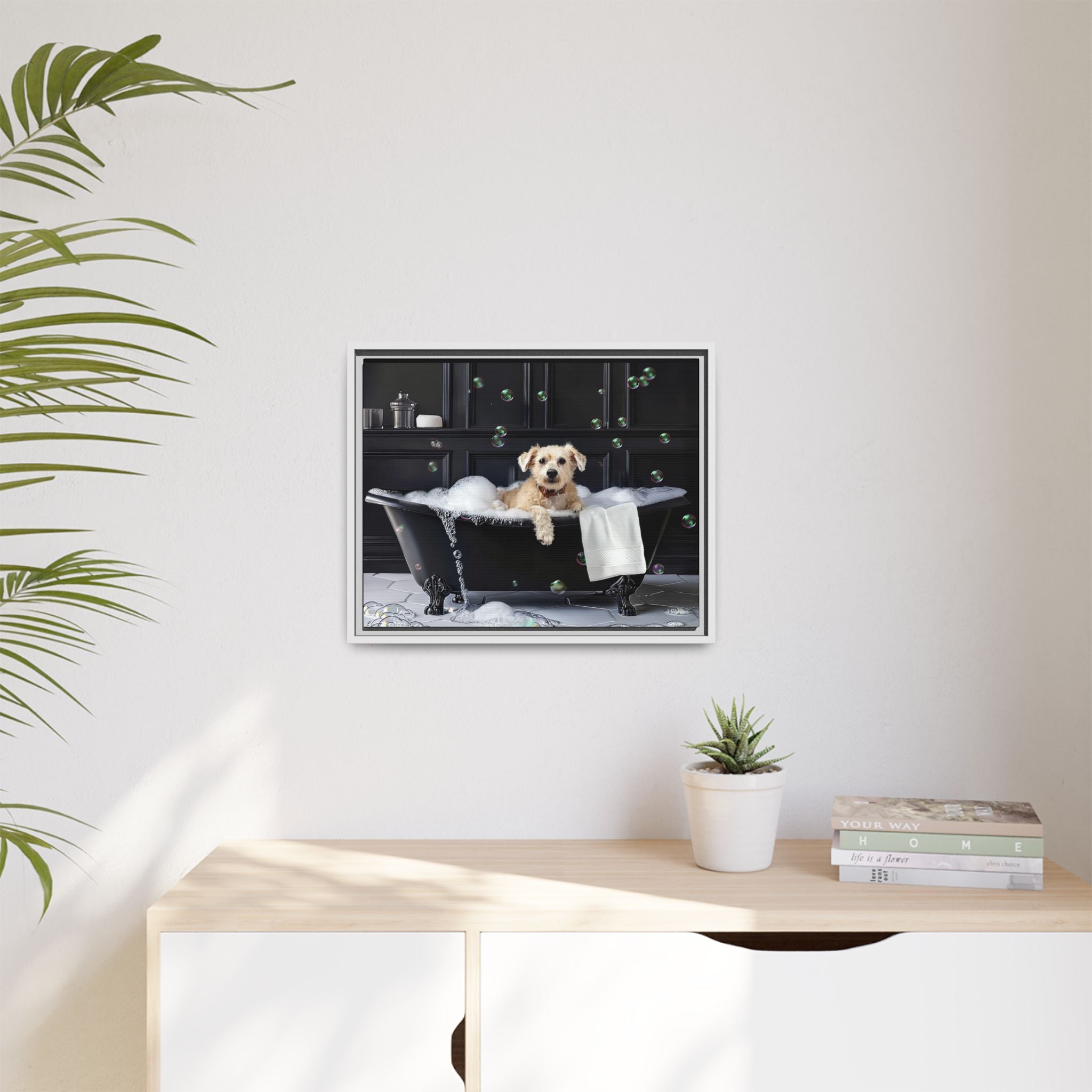 Custom Dog ArtDog Bath Time Framed Art, Pet Lovers Decor, Fun Home Wall Art, Dog Owner Gift, Bubble Bath Canvas, Pet Bathroom Art