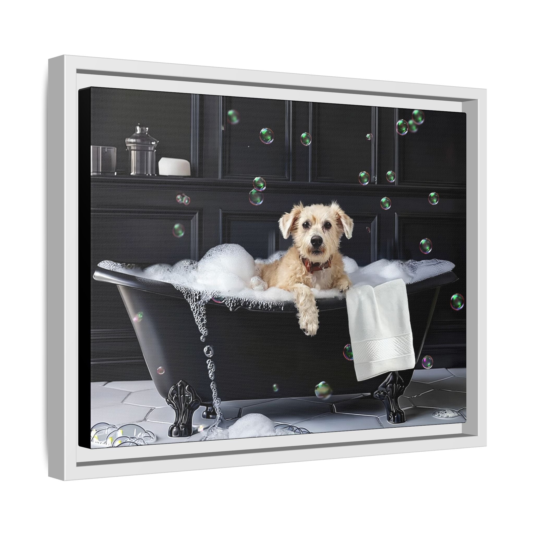 Custom Dog ArtDog Bath Time Framed Art, Pet Lovers Decor, Fun Home Wall Art, Dog Owner Gift, Bubble Bath Canvas, Pet Bathroom Art