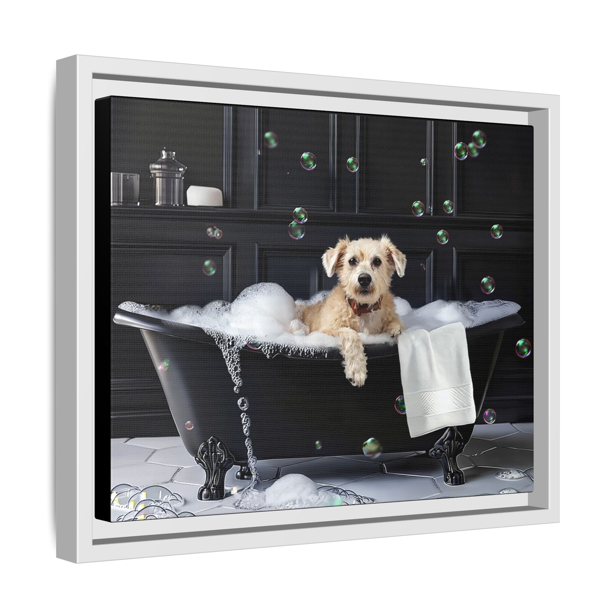 Custom Dog ArtDog Bath Time Framed Art, Pet Lovers Decor, Fun Home Wall Art, Dog Owner Gift, Bubble Bath Canvas, Pet Bathroom Art