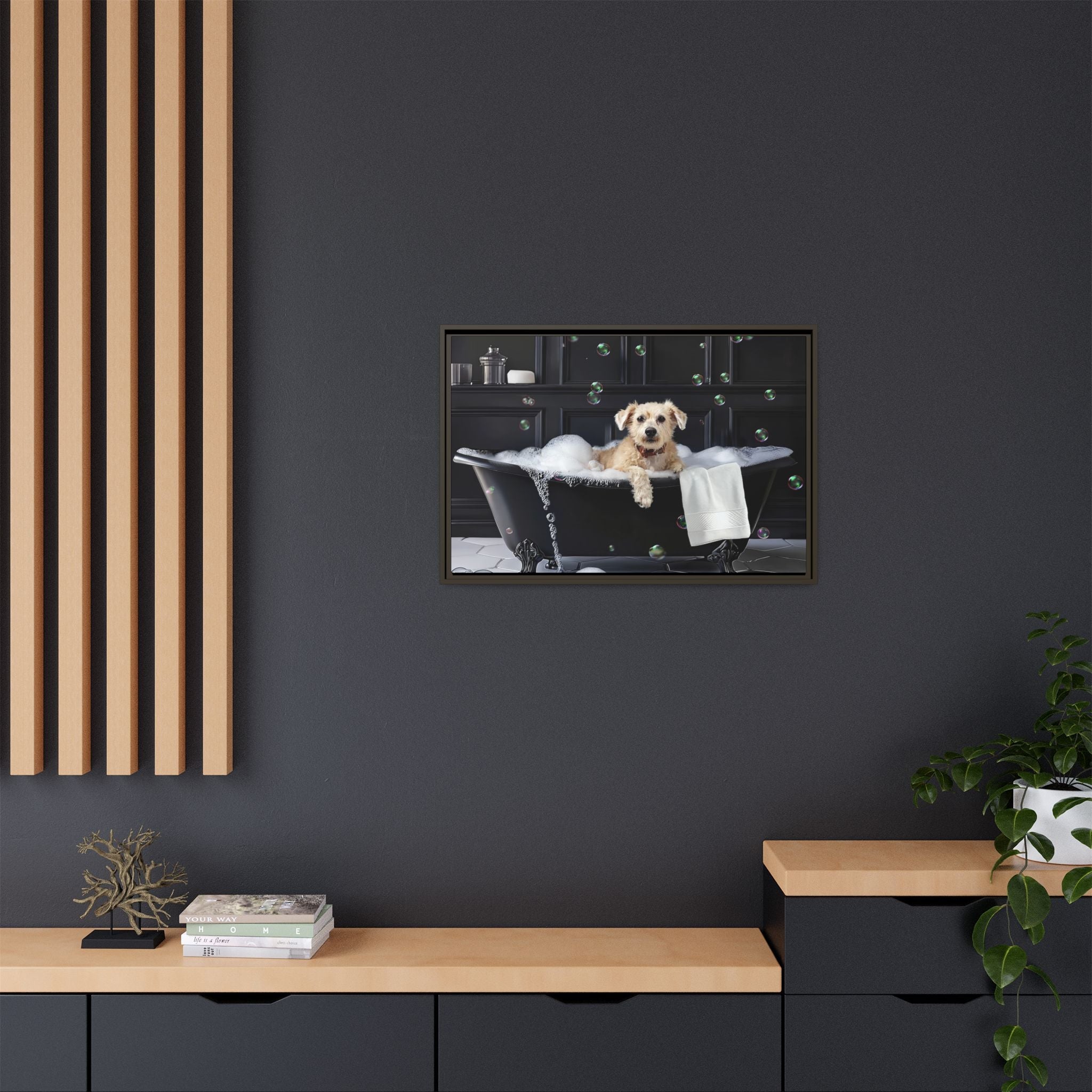 Custom Dog ArtDog Bath Time Framed Art, Pet Lovers Decor, Fun Home Wall Art, Dog Owner Gift, Bubble Bath Canvas, Pet Bathroom Art