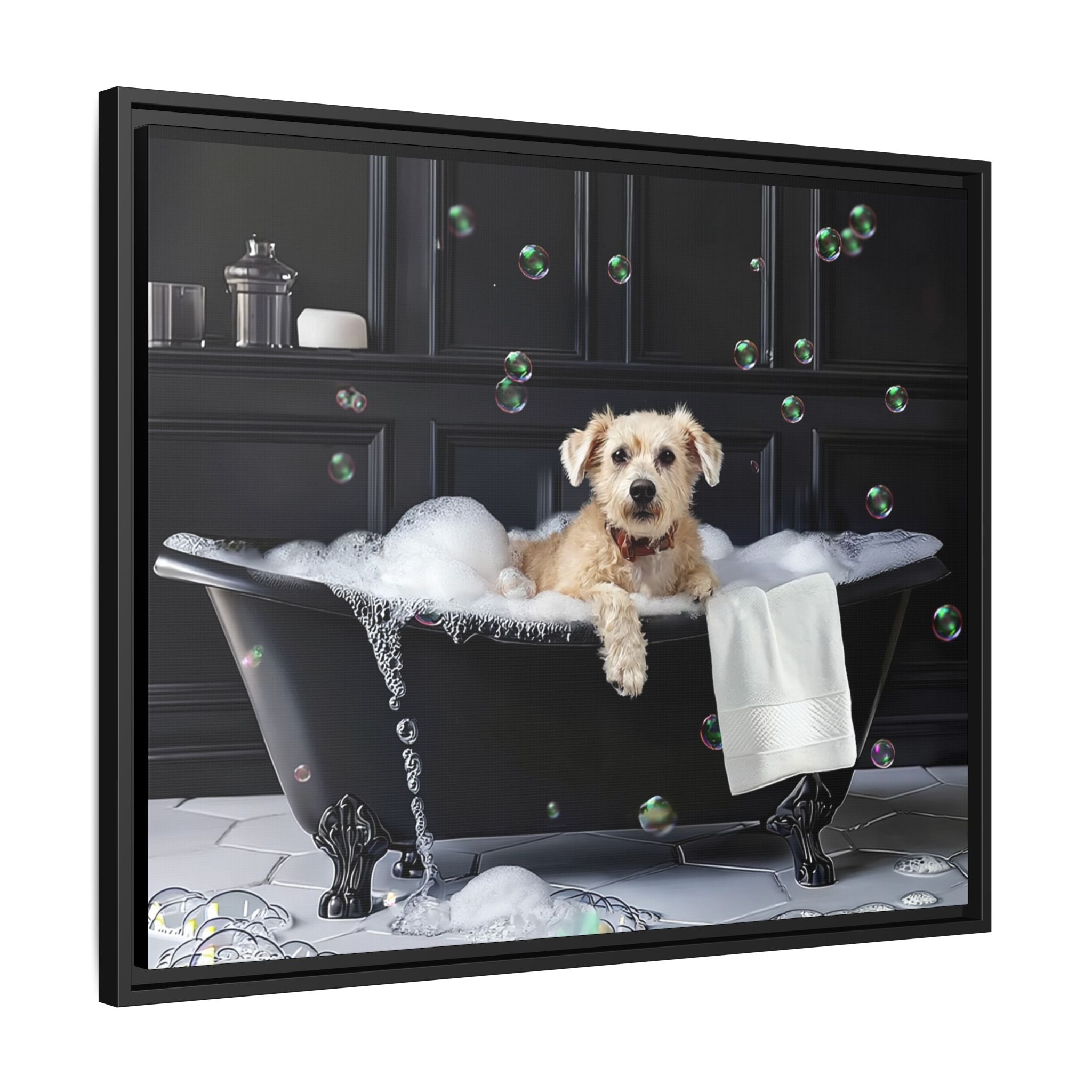 Custom Dog ArtDog Bath Time Framed Art, Pet Lovers Decor, Fun Home Wall Art, Dog Owner Gift, Bubble Bath Canvas, Pet Bathroom Art