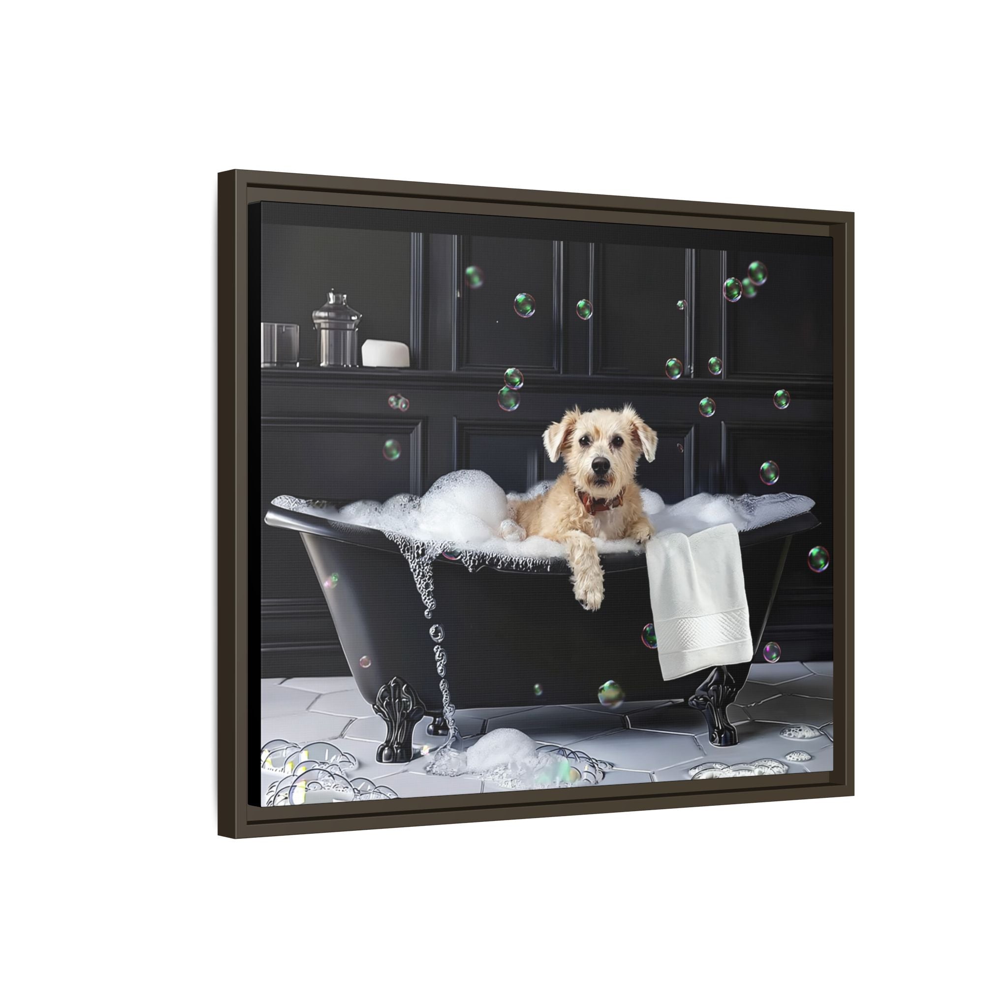 Custom Dog ArtDog Bath Time Framed Art, Pet Lovers Decor, Fun Home Wall Art, Dog Owner Gift, Bubble Bath Canvas, Pet Bathroom Art