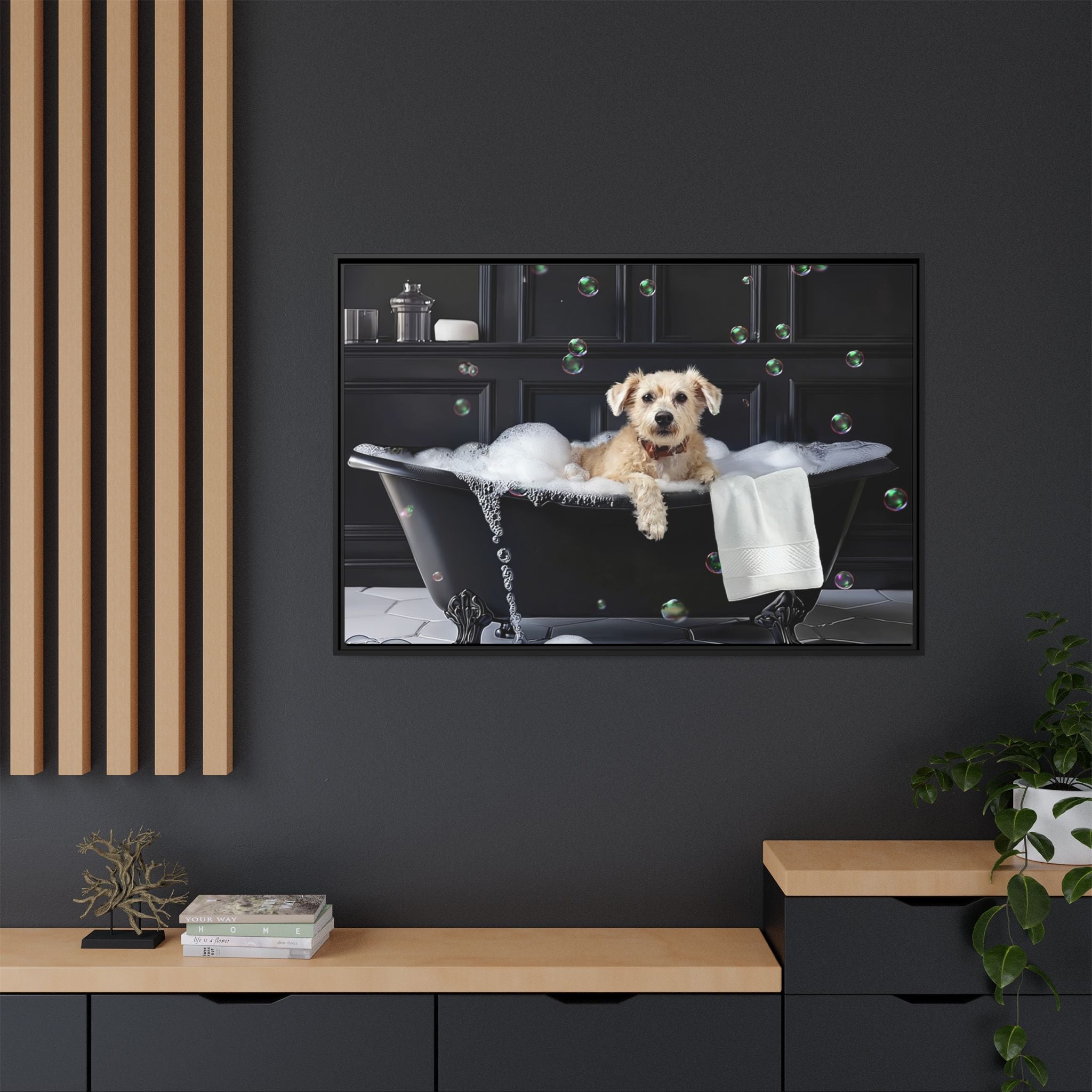 Custom Dog ArtDog Bath Time Framed Art, Pet Lovers Decor, Fun Home Wall Art, Dog Owner Gift, Bubble Bath Canvas, Pet Bathroom Art