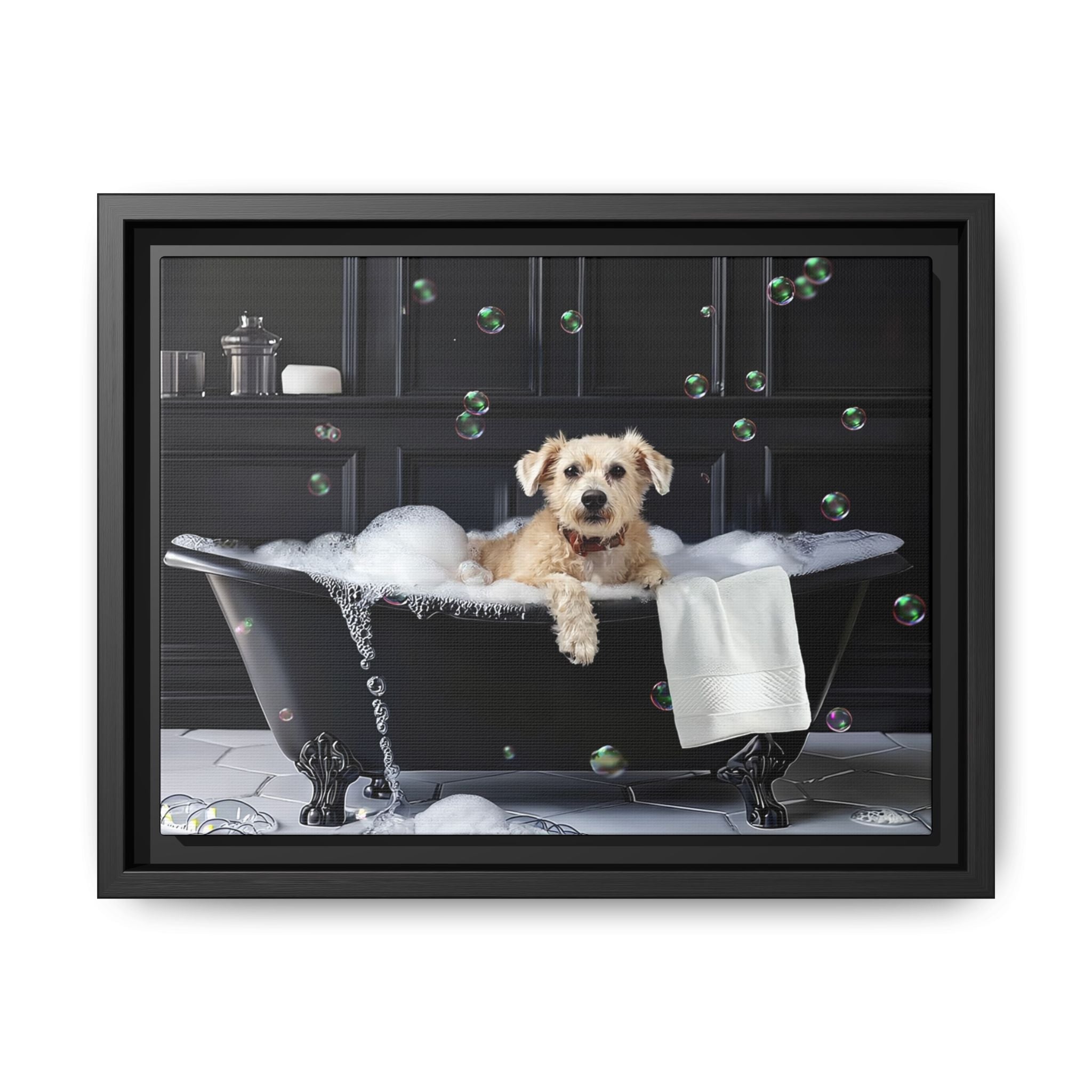 Custom Dog ArtDog Bath Time Framed Art, Pet Lovers Decor, Fun Home Wall Art, Dog Owner Gift, Bubble Bath Canvas, Pet Bathroom Art