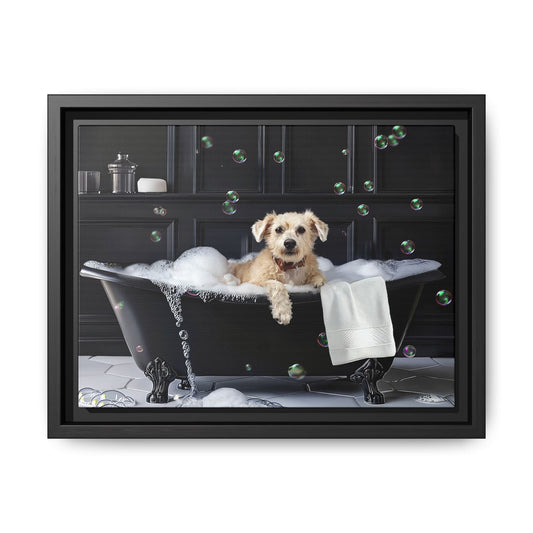 Custom Dog ArtDog Bath Time Framed Art, Pet Lovers Decor, Fun Home Wall Art, Dog Owner Gift, Bubble Bath Canvas, Pet Bathroom Art