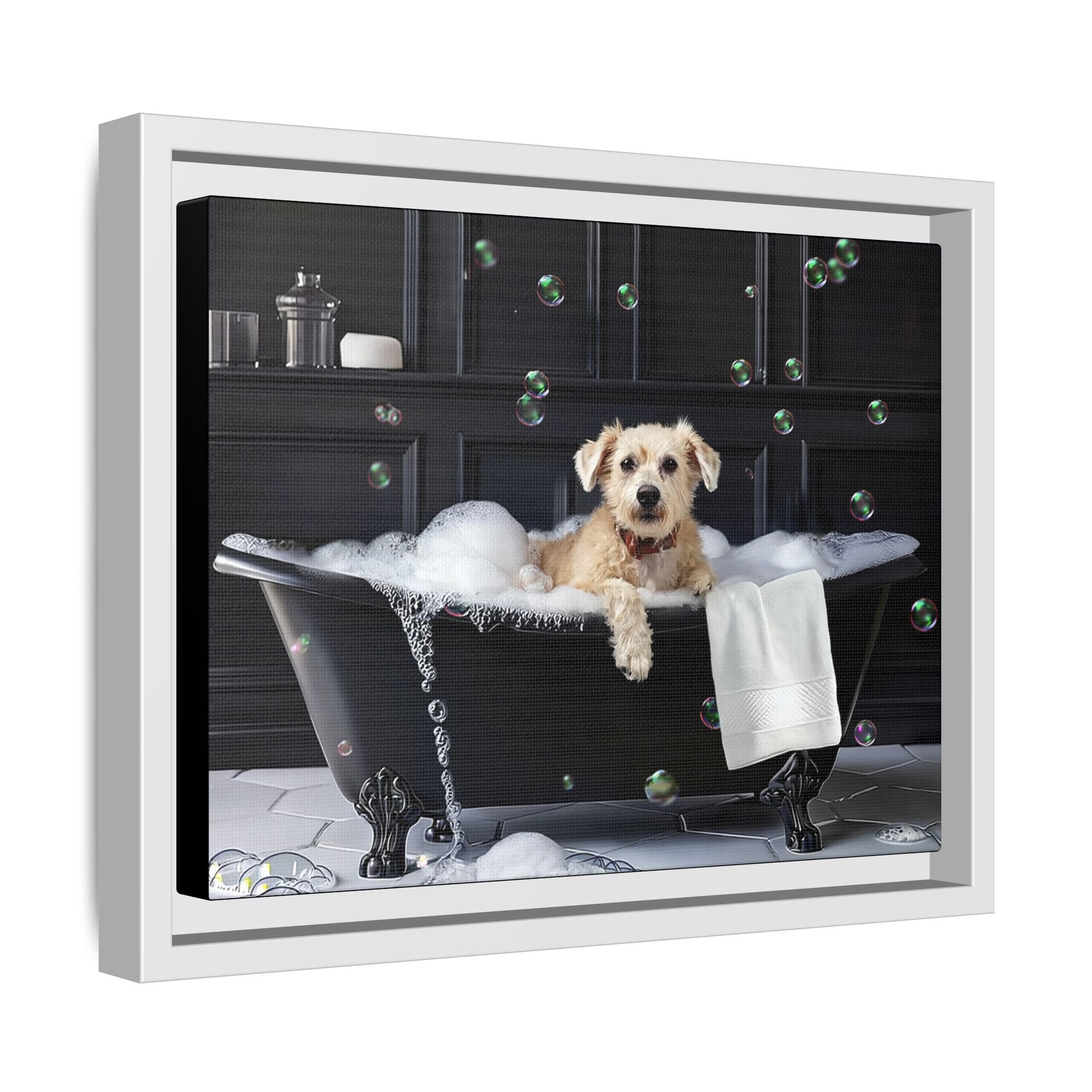 Custom Dog ArtDog Bath Time Framed Art, Pet Lovers Decor, Fun Home Wall Art, Dog Owner Gift, Bubble Bath Canvas, Pet Bathroom Art