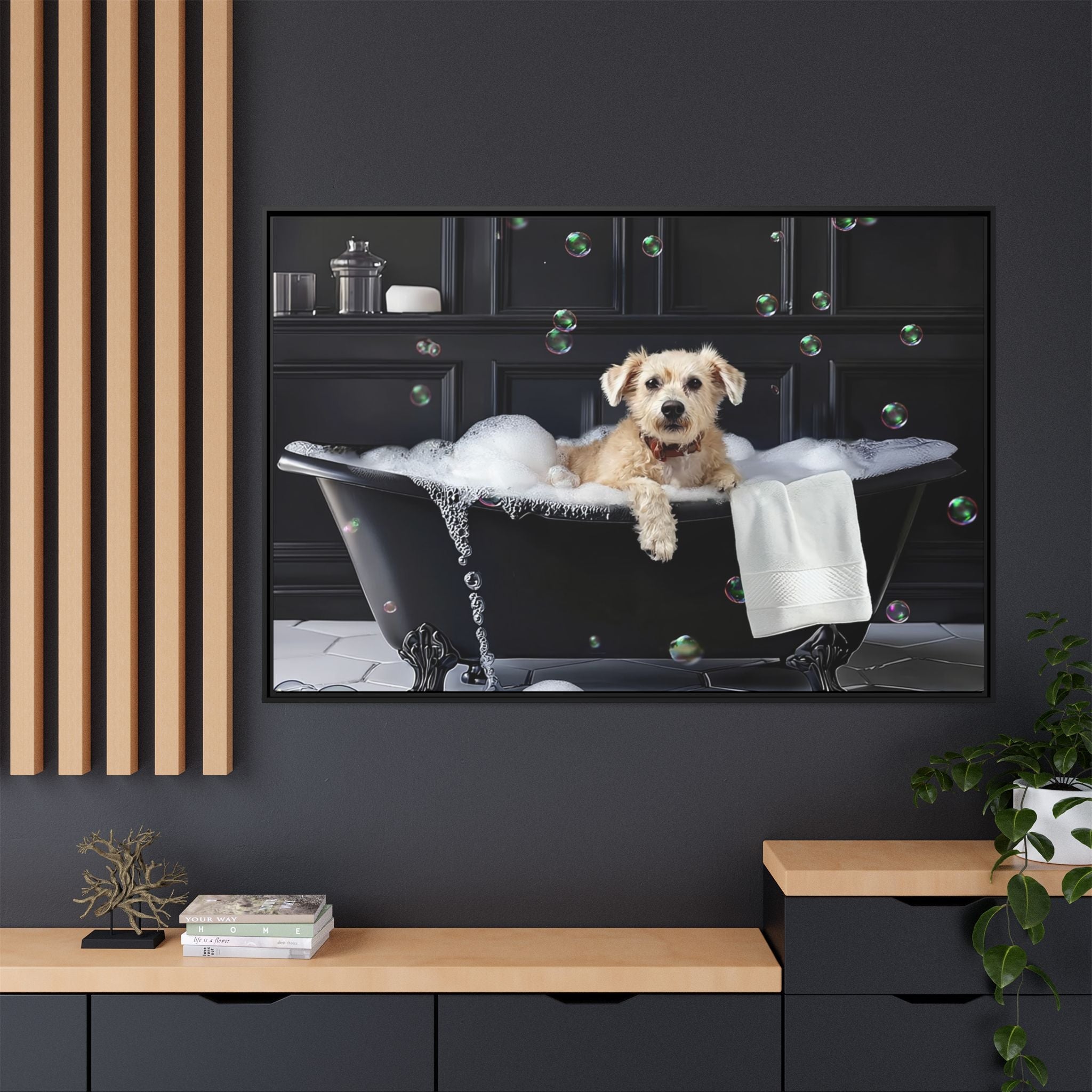 Custom Dog ArtDog Bath Time Framed Art, Pet Lovers Decor, Fun Home Wall Art, Dog Owner Gift, Bubble Bath Canvas, Pet Bathroom Art