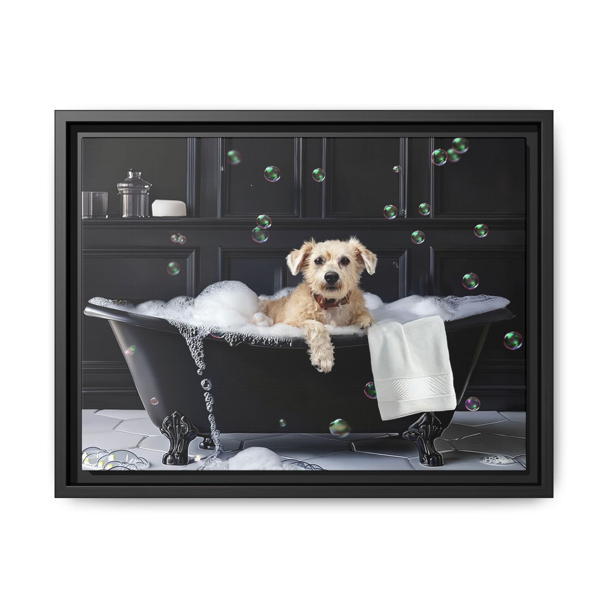 Custom Dog ArtDog Bath Time Framed Art, Pet Lovers Decor, Fun Home Wall Art, Dog Owner Gift, Bubble Bath Canvas, Pet Bathroom Art