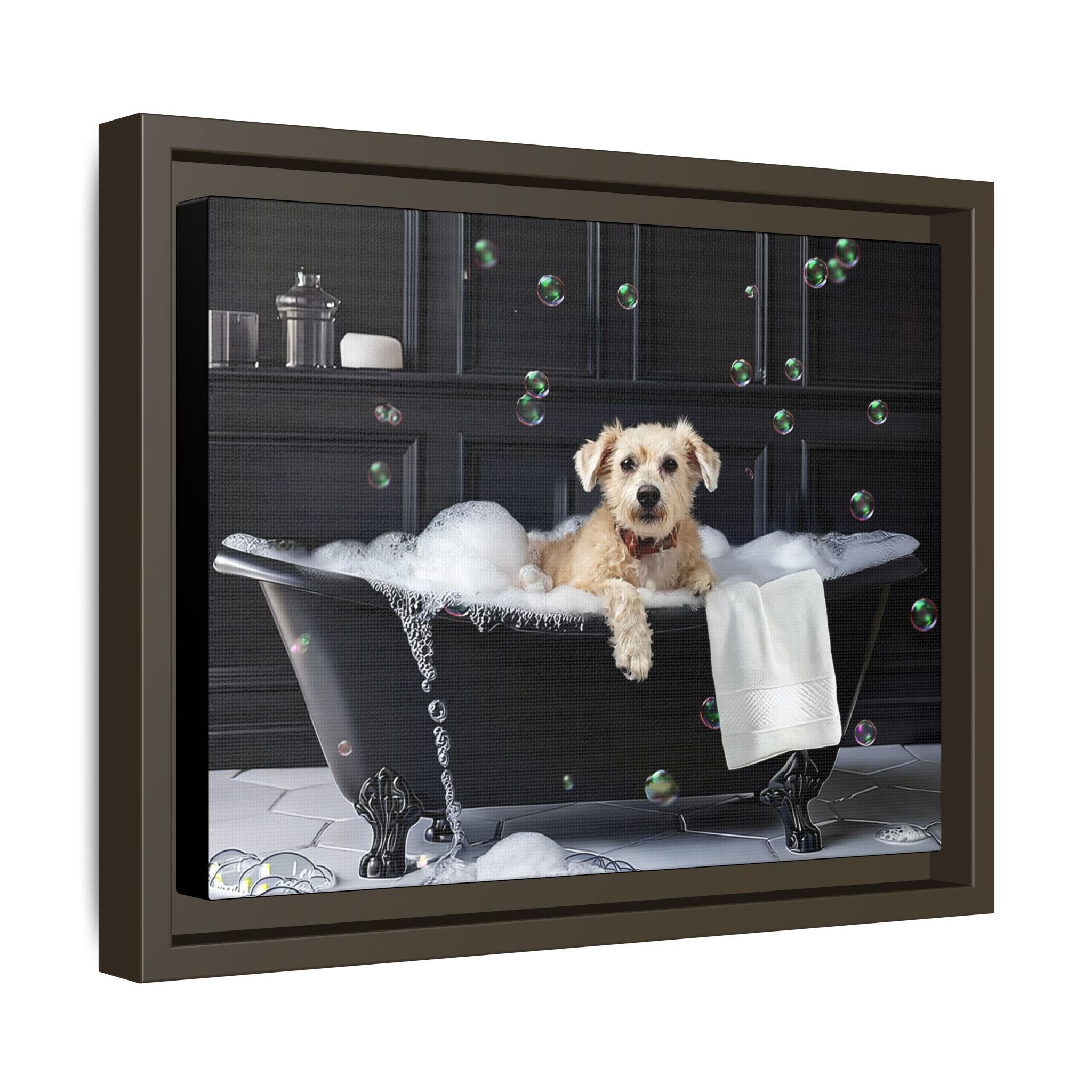 Custom Dog ArtDog Bath Time Framed Art, Pet Lovers Decor, Fun Home Wall Art, Dog Owner Gift, Bubble Bath Canvas, Pet Bathroom Art
