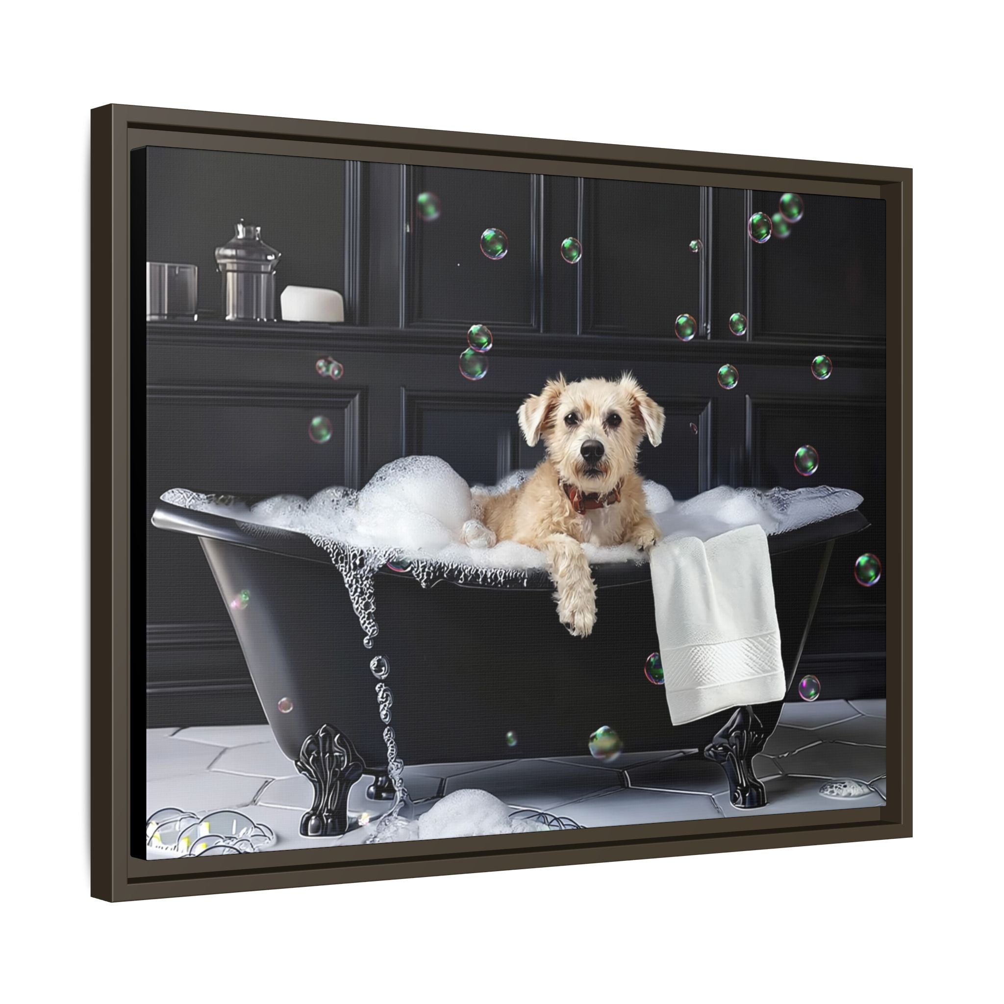 Custom Dog ArtDog Bath Time Framed Art, Pet Lovers Decor, Fun Home Wall Art, Dog Owner Gift, Bubble Bath Canvas, Pet Bathroom Art