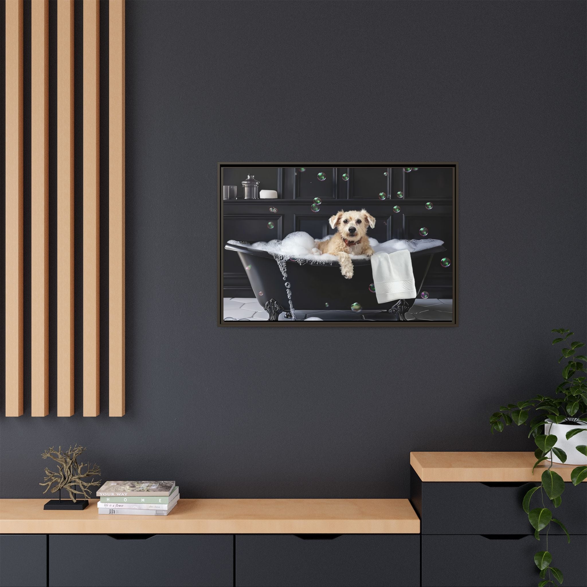 Custom Dog ArtDog Bath Time Framed Art, Pet Lovers Decor, Fun Home Wall Art, Dog Owner Gift, Bubble Bath Canvas, Pet Bathroom Art