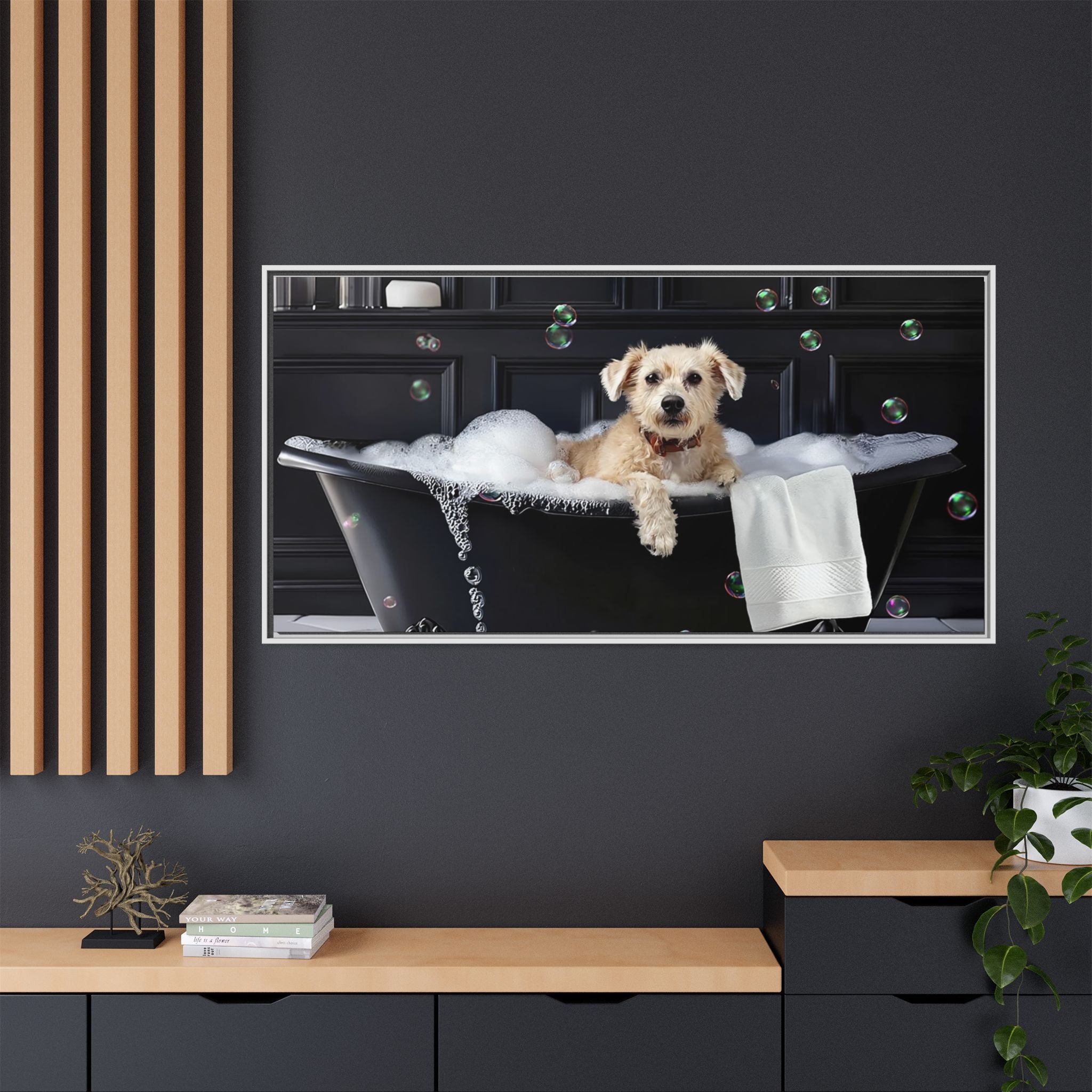 Custom Dog ArtDog Bath Time Framed Art, Pet Lovers Decor, Fun Home Wall Art, Dog Owner Gift, Bubble Bath Canvas, Pet Bathroom Art