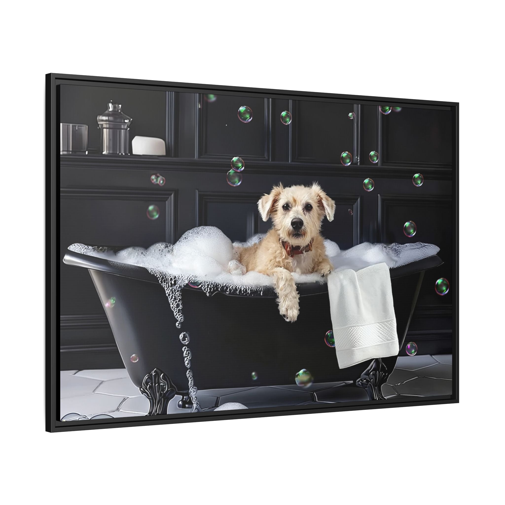 Custom Dog ArtDog Bath Time Framed Art, Pet Lovers Decor, Fun Home Wall Art, Dog Owner Gift, Bubble Bath Canvas, Pet Bathroom Art