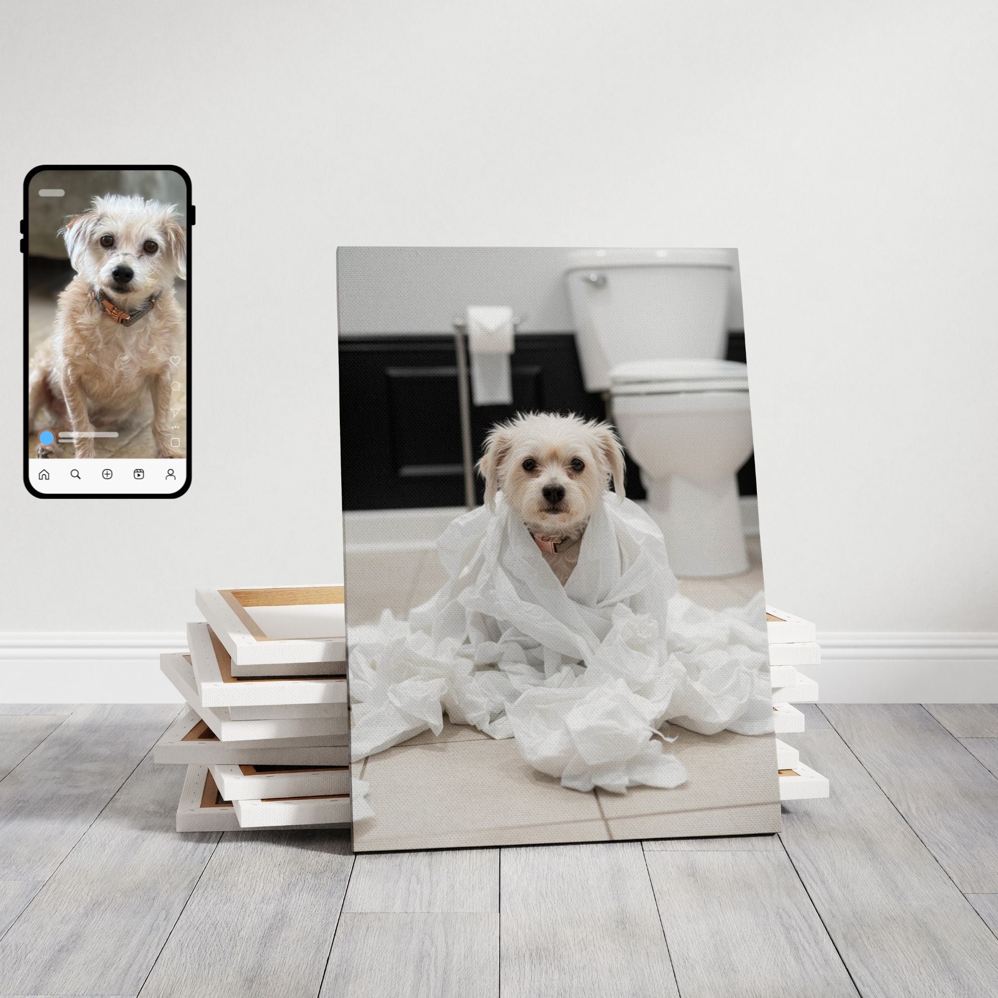Custom Dog ArtFunny Dog Bathroom Canvas – Dog Toilet Paper Art & Pet Portrait Photo Wall Décor