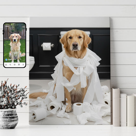 Custom Dog ArtFunny Dog Bathroom Canvas – Dog Toilet Paper Art & Pet Portrait Photo Wall Décor