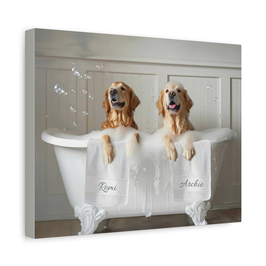 Custom Dog ArtGolden Retrievers in Bubble Bath Art - Personalized Golden Retriever Bath Print on Canvas