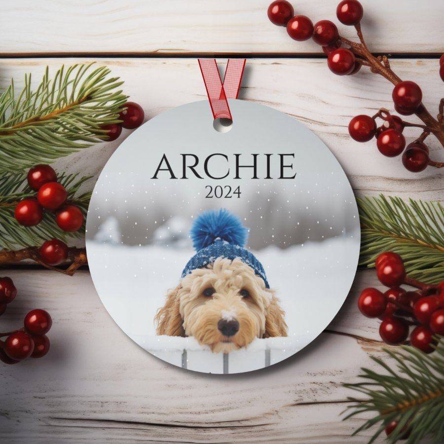 Custom Dog ArtGoldendoodle Christmas Tree Decor, Durable White Aluminum Ornaments, Metal Ornament, Festive Holiday Cheer, Scratch and Chip - Resistant,