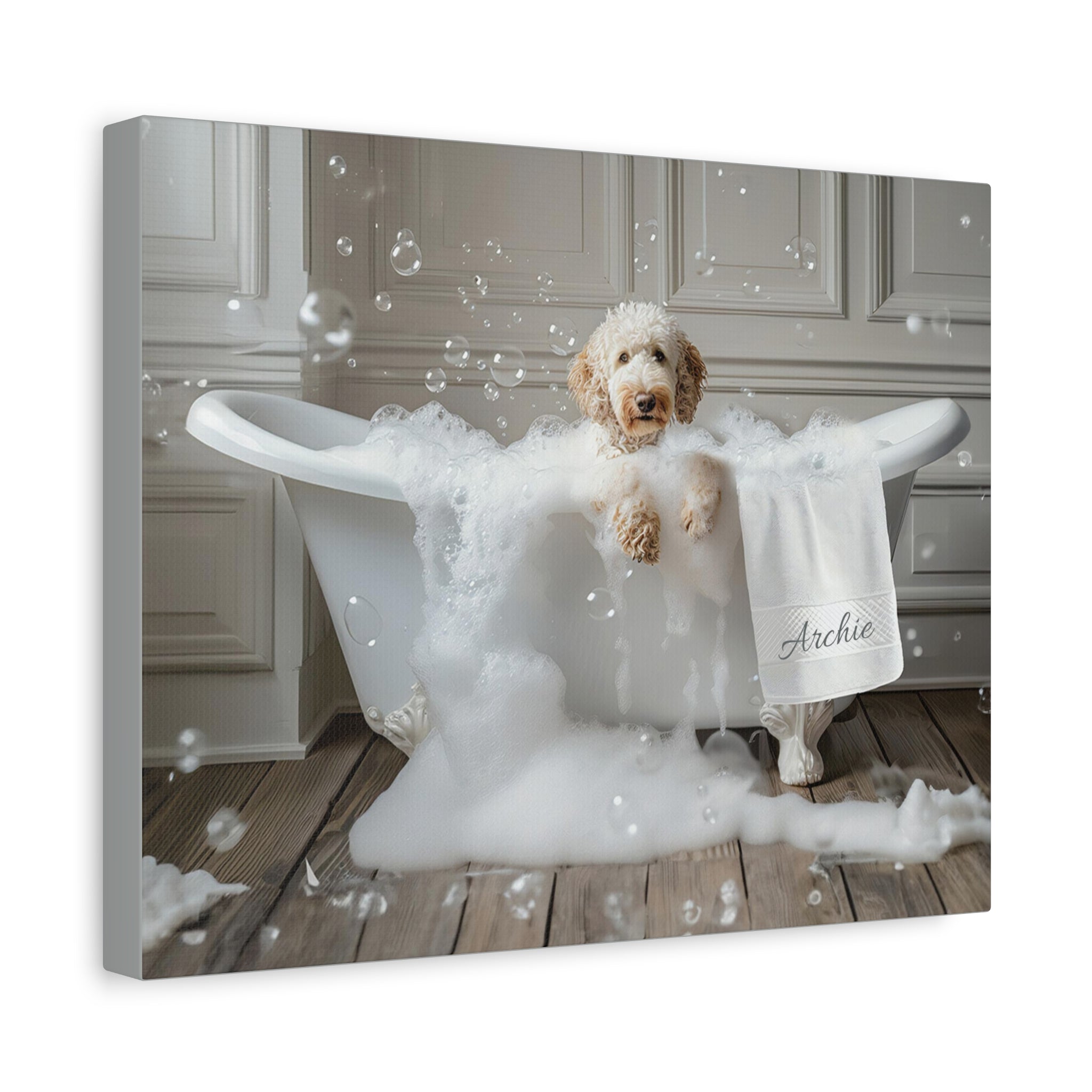 Custom Dog ArtLuxurious Labradoodle Bubble Bath Canvas - Pampered Pup Bathroom Decor