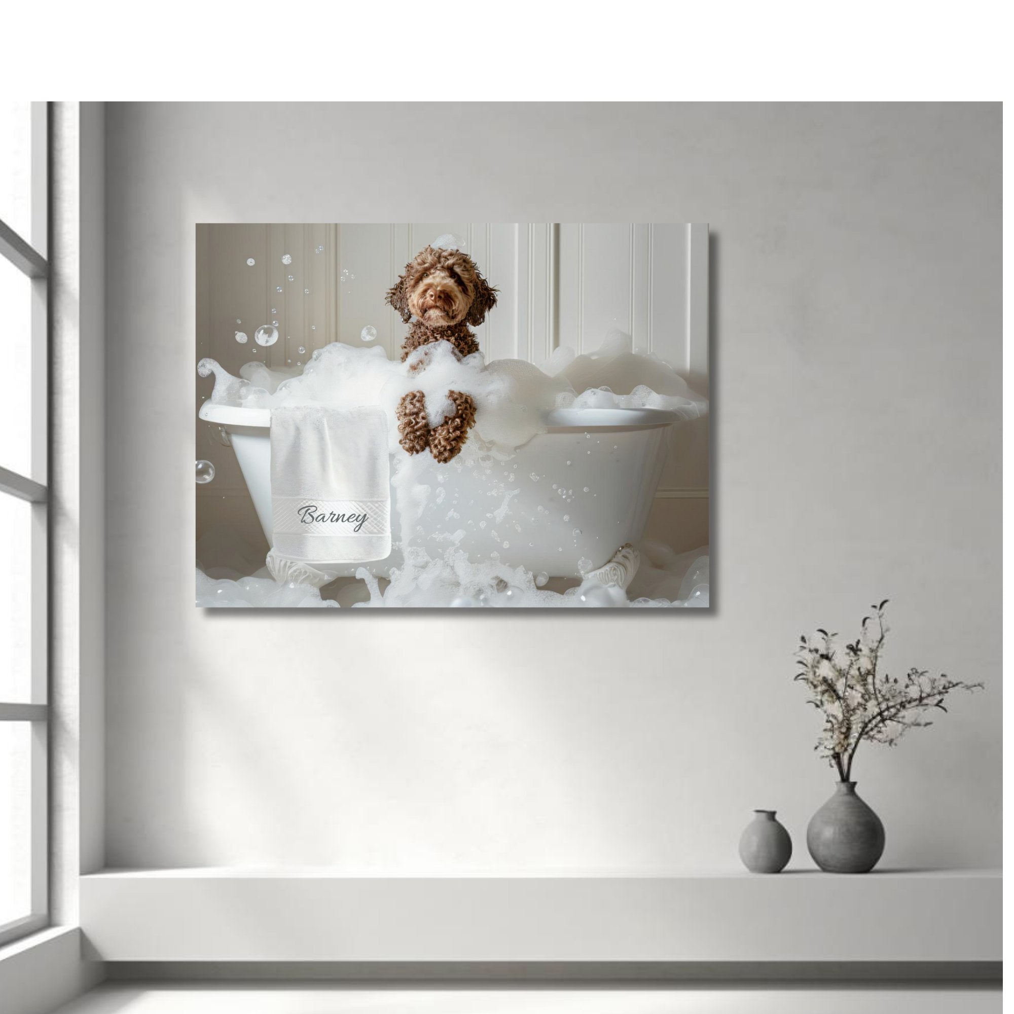 Custom Dog ArtLuxurious Labradoodle Bubble Bath Canvas - Pampered Pup Bathroom Decor