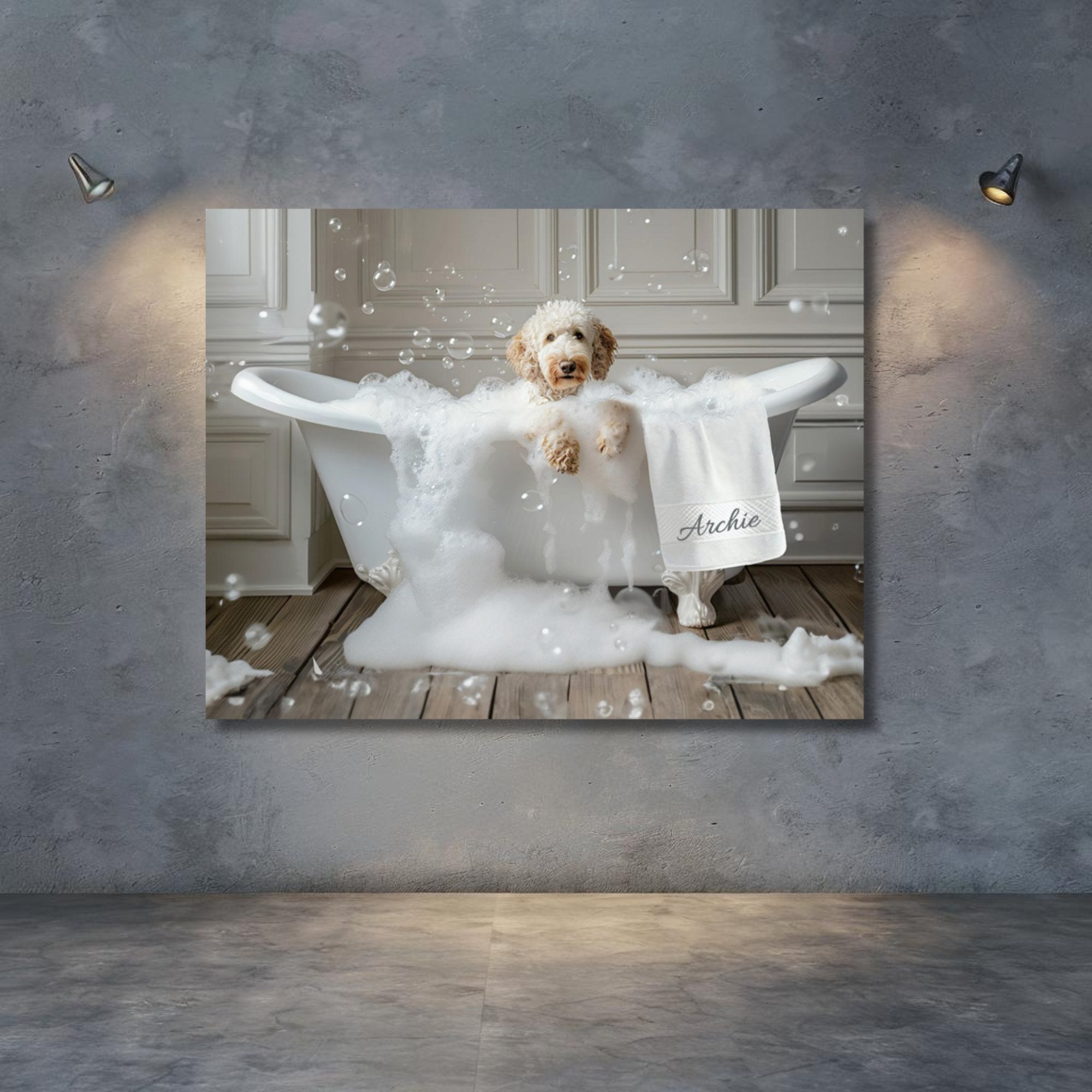 Custom Dog ArtLuxurious Labradoodle Bubble Bath Canvas - Pampered Pup Bathroom Decor